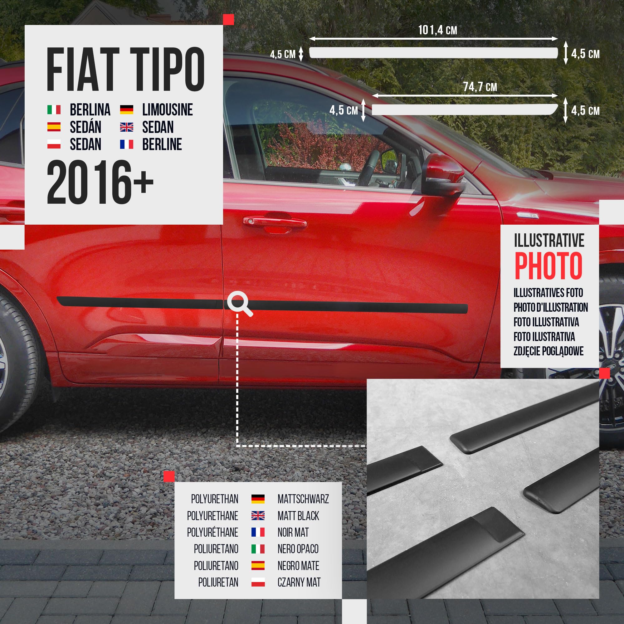 CHROMEMASTER | Modanature Laterali | Compatibile con Fiat Tipo Berlina, Hatchback, SW dal 2016 | Plastica Le Modanature Laterali Proteggono la Vernice Della Portiera Dell'auto da Graffi e Danni