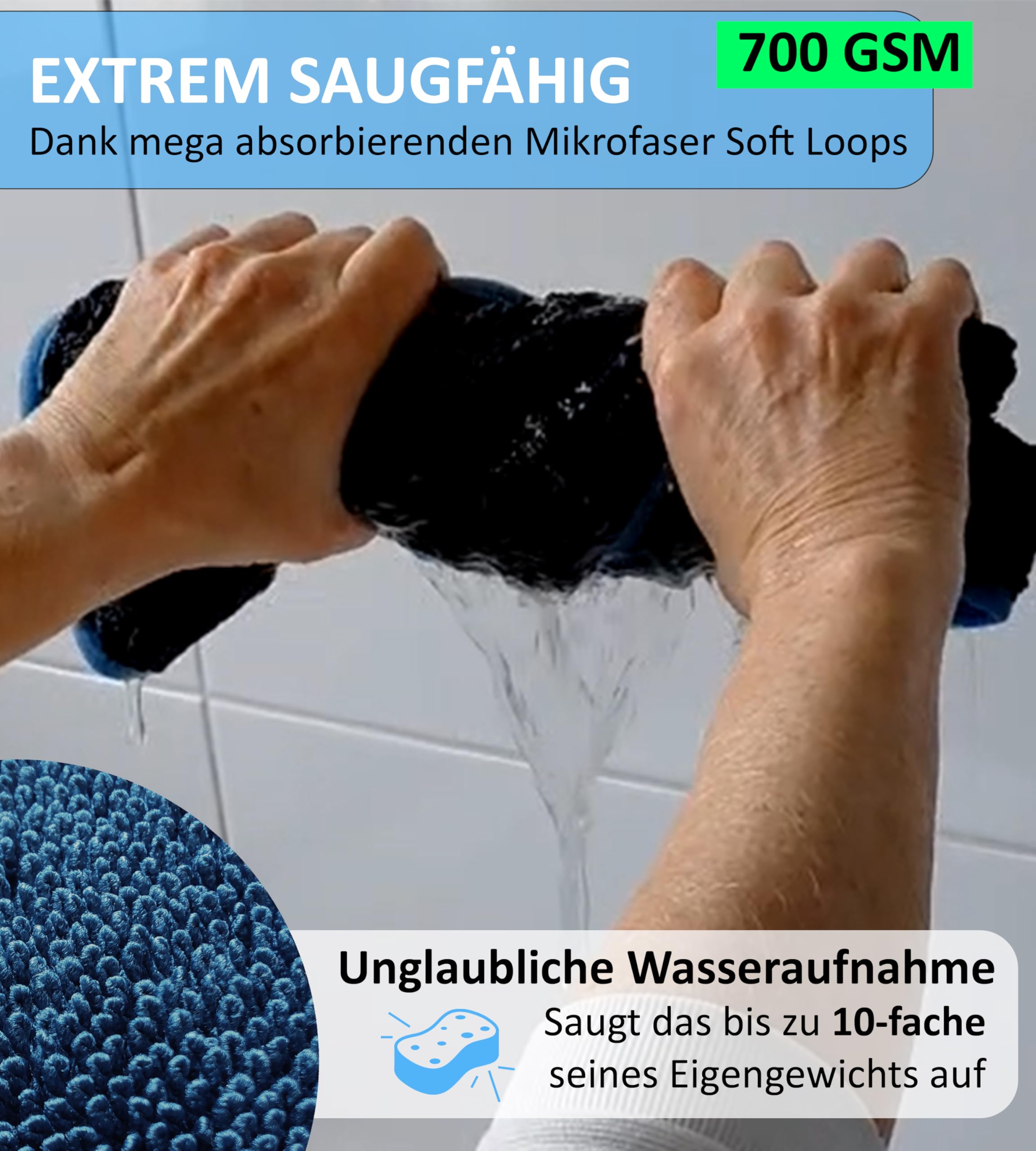 BLUMBACH® Trockentuch Dusche 2-Set 700 GSM 40x60cm Microfaser Putztuch | Trockentuch Auto, Mikrofasertücher extrem saugstark mit 2 Klebehaken, Ultra wipes Trockentücher, das blaue wunder Tücher
