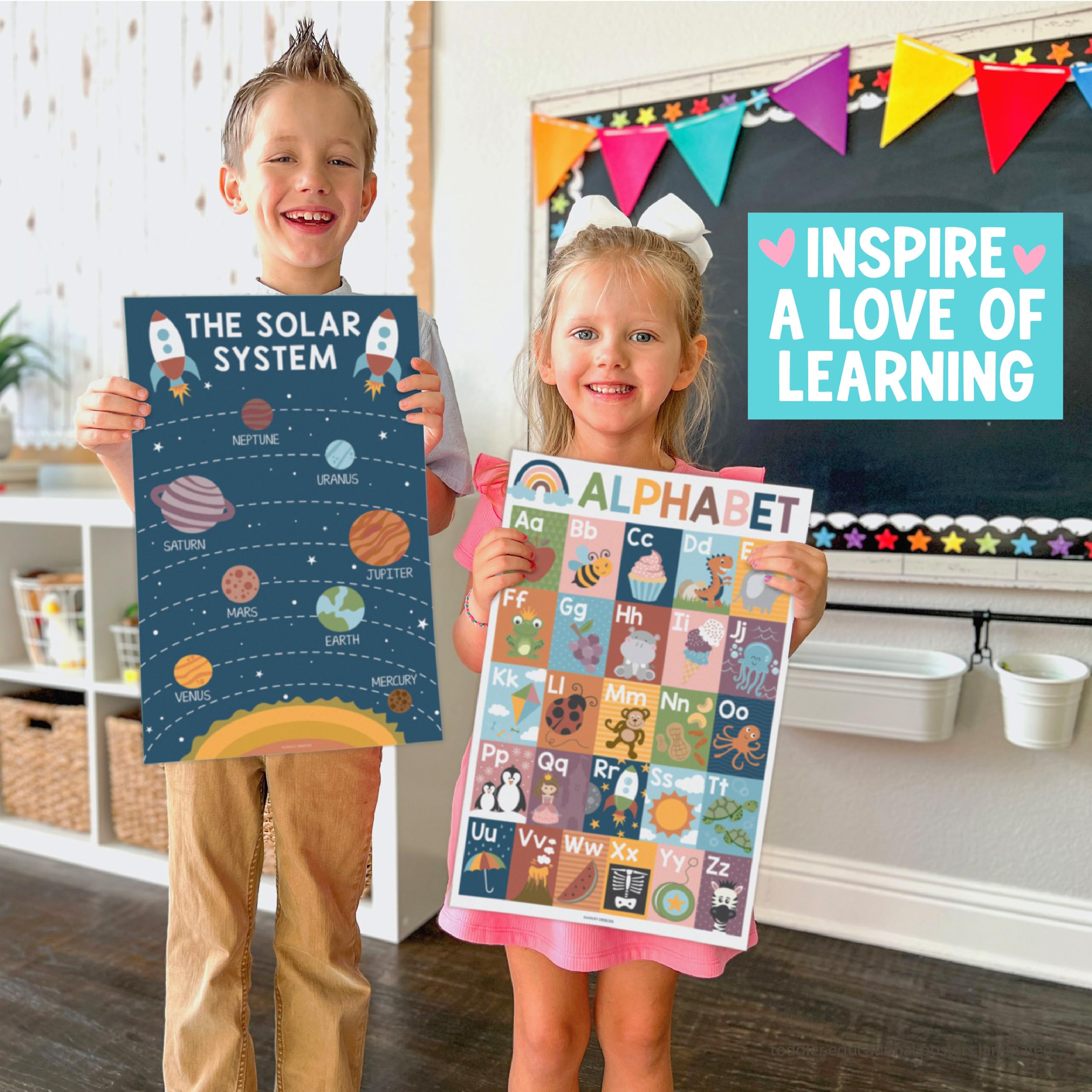 Hadley Designs 16 affiches éducatives pour enfants en préscolaire et à la maternelle, laminées, alphabet, chiffres, couleurs, formes, jours de la semaine, décoration bohème, 1 à 3 ans (anglais)