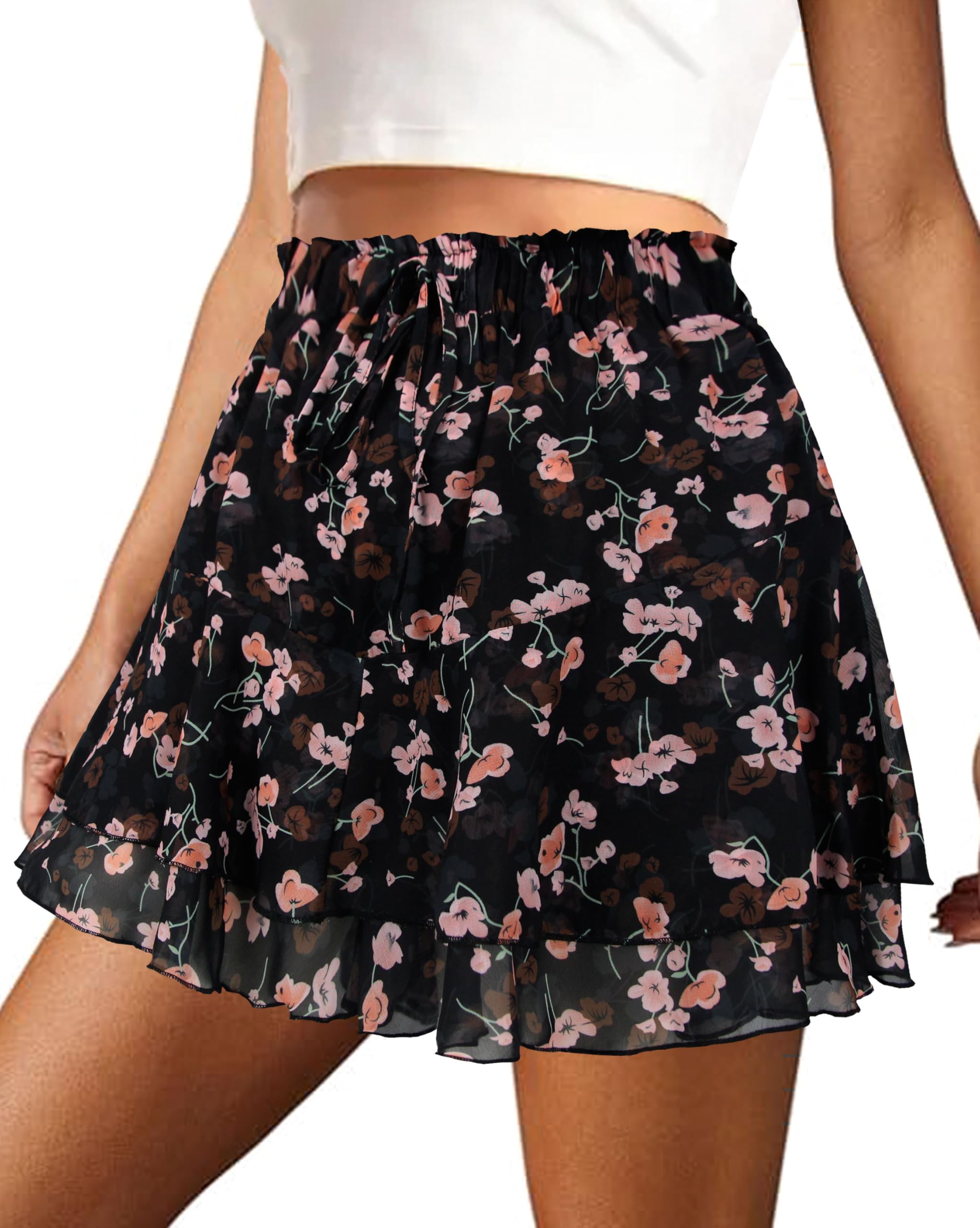 COOUFE Mini Skirts for Women 2025 Casual Boho Floral Skorts Layered Hem A-Line Tennis Chiffon Shorts