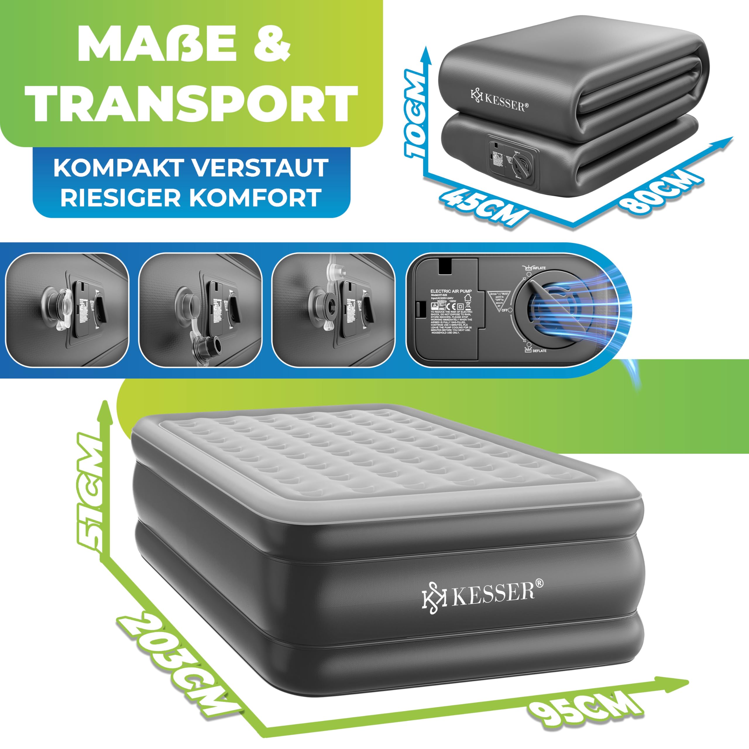 KESSER Nadmuchiwany materac dmuchany, samopompujące łóżko dla gości z wbudowaną pompką elektryczną, materac dmuchany na kemping lub do użytku domowego, z torbą, odpowiedni dla 1 osoby – 203 x 95 x 51
