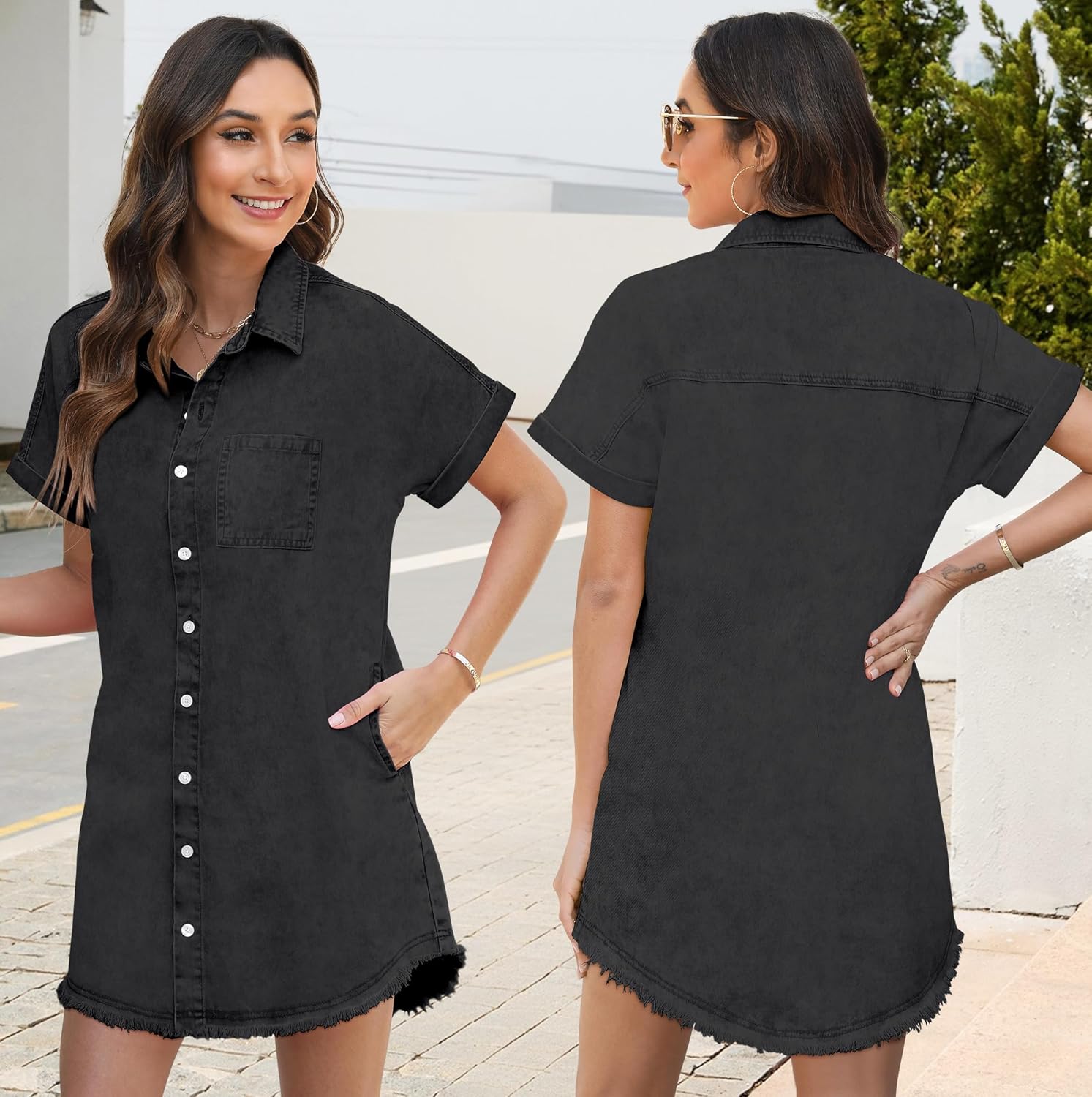 Denim Dress for Women Midi Jean Shirt Dresses Button Down Short Sleeve Summer Womens Jeans Babydoll Pockets - Image 2