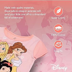 Disney Girls' 4-Piece Snug-fit Cotton Pajama Set, Soft & Cute for Kids