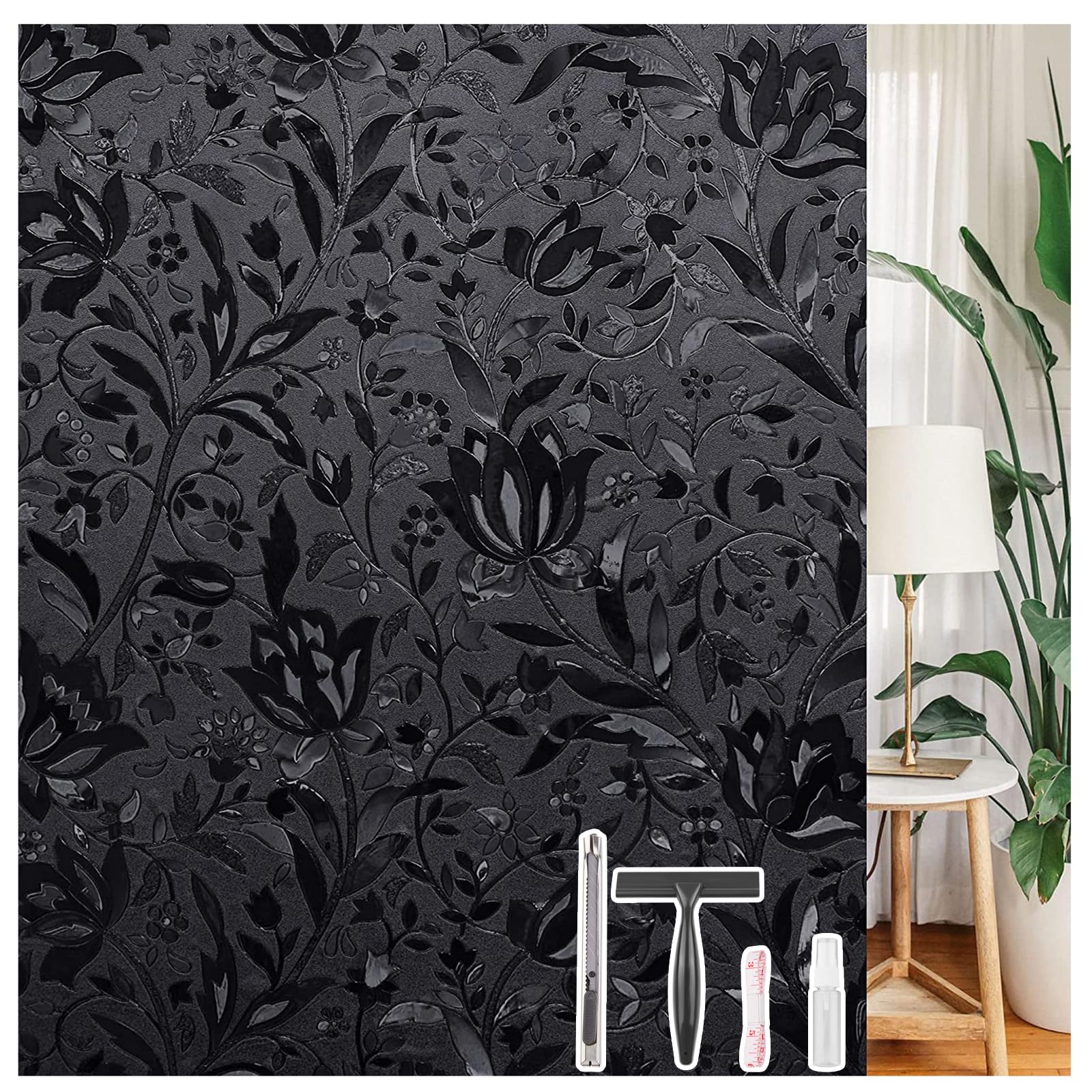 LEMON CLOUD Frosted Blackout Window Film, Privacy Black Out Glass Film for Day and Night, No Glue Static Cling, UV Protection Heat Control, Dark Black Tulip (44.5 x 200 cm with Tool) — image 1