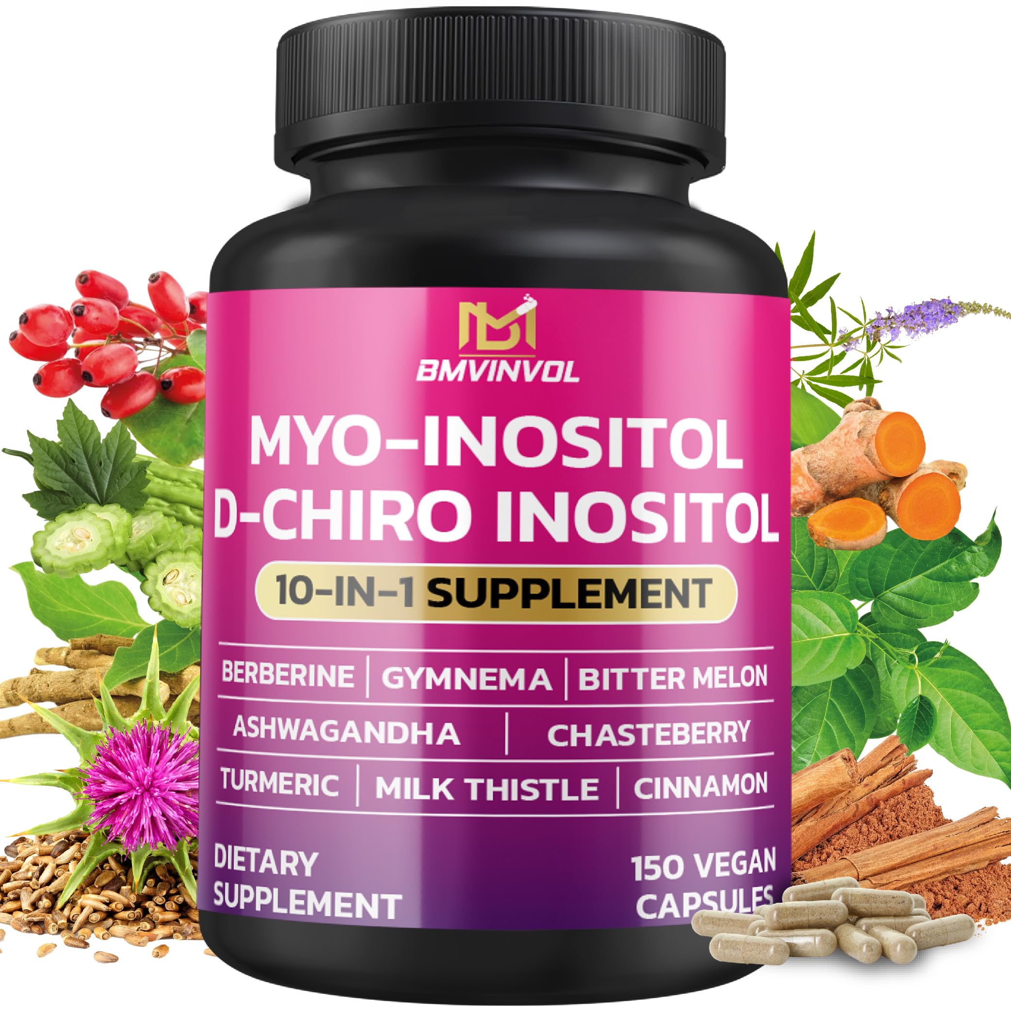 BMVINVOL Inositol Supplement - Myo-Inositol and D-Chiro Inositol Ideal 40:1 Ratio - Plus Berberine, Cinnamon, Ashwagandha + 5 More - 150 Capsules 150 Count (Pack of 1)
