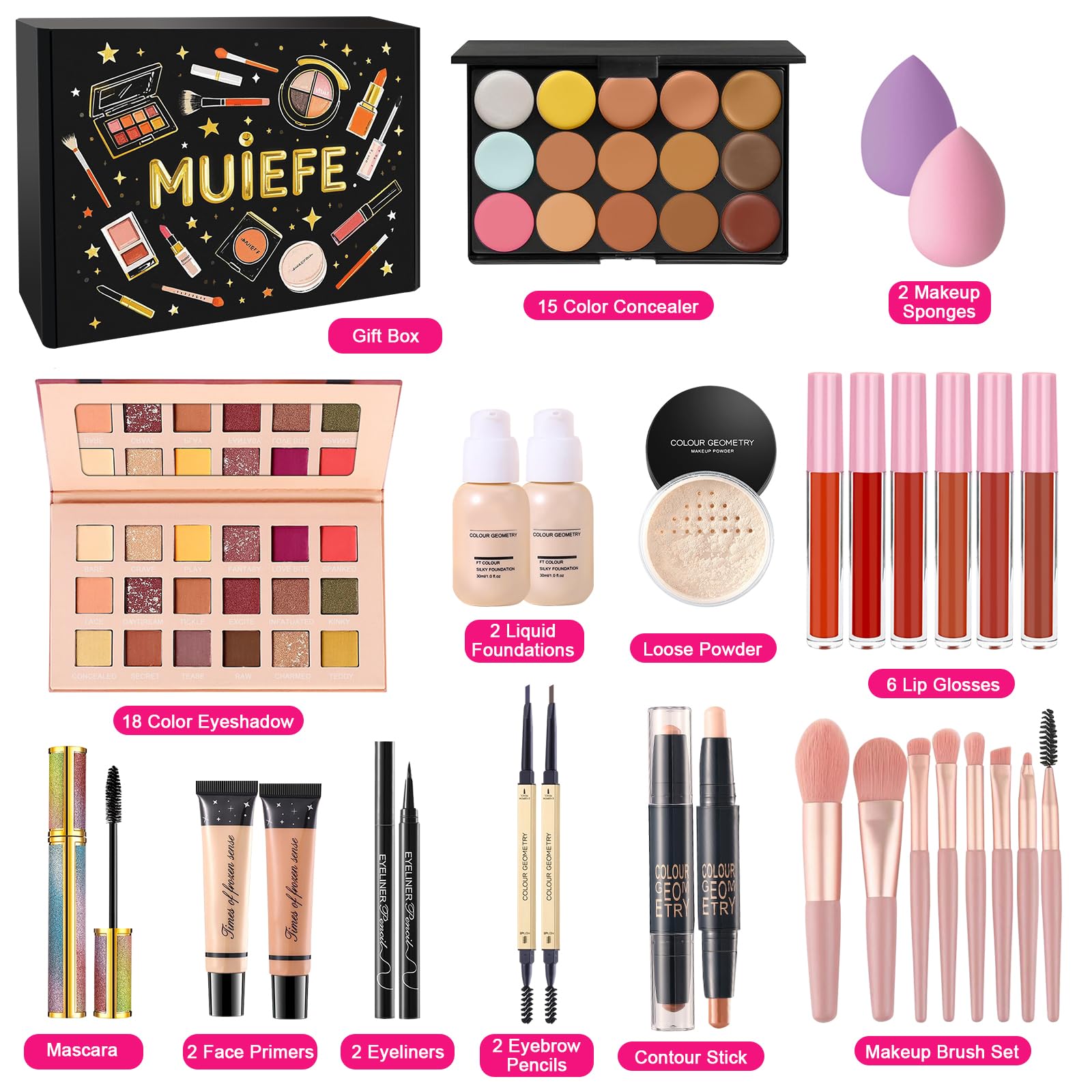 Kit completo de maquillaje para mujeres, kit completo de maquillaje para principiantes, juegos de regalo para adolescentes y niñas, todo en uno, paquete de maquillaje a granel que incluye paleta de 2