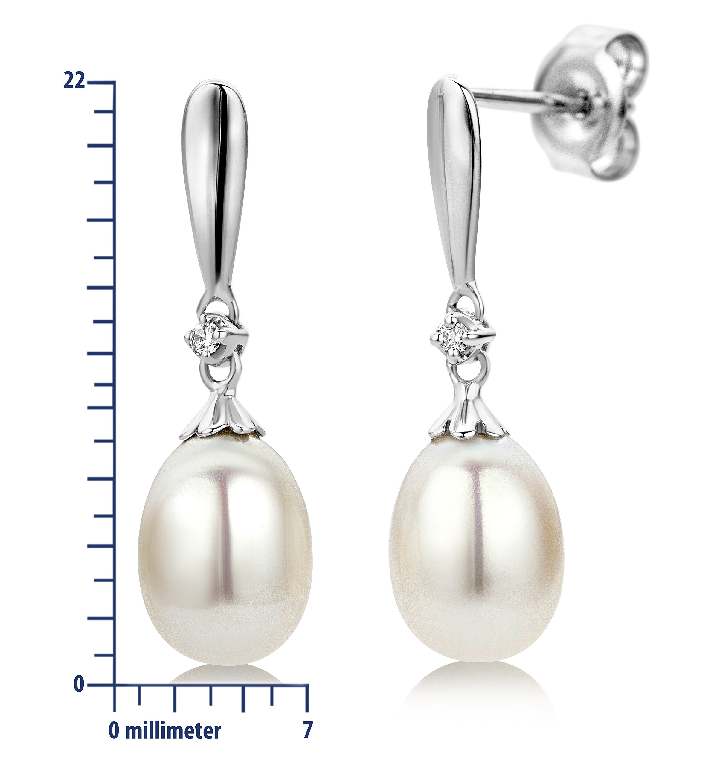 Miore Pendientes de Oro Blanco de 9K con Diamantes y Perlas en Forma de Gota para Mujer