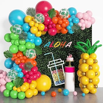 Hawaiian Balloons Arch Birthday Decorations 165 Pcs, Olive Green Blue Hot Pink Orange Gold Balloons, Hawaiian Summer Beach Party Supplies, Balloon Arch kit