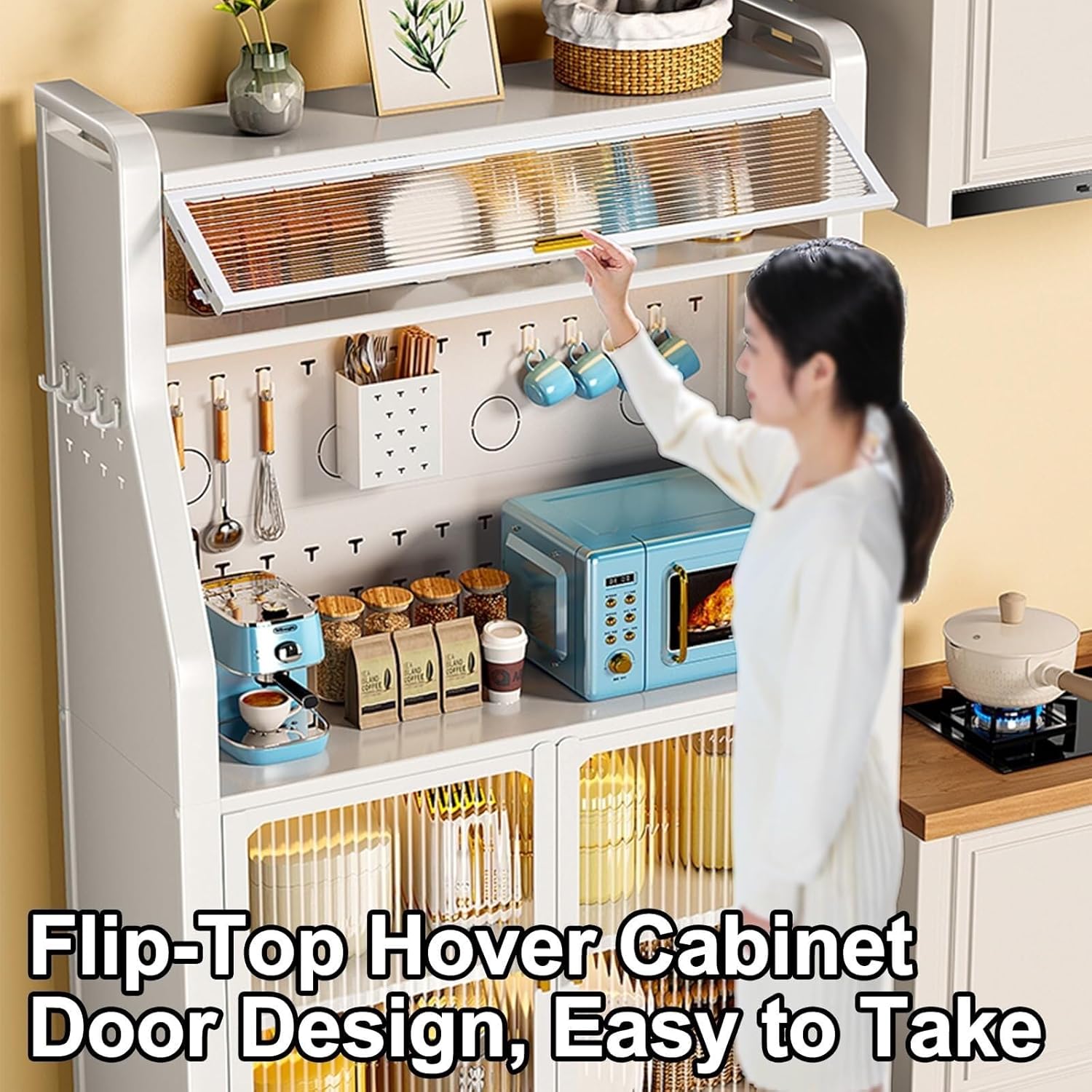 5-Tier Kitchen Bakers Rack with Dual Doors, Microwave Stand Storage Cabinet, Metal Shelves for Kitchen & Garage Organizer (34in/86cm) - Space-Saving Storage Solution