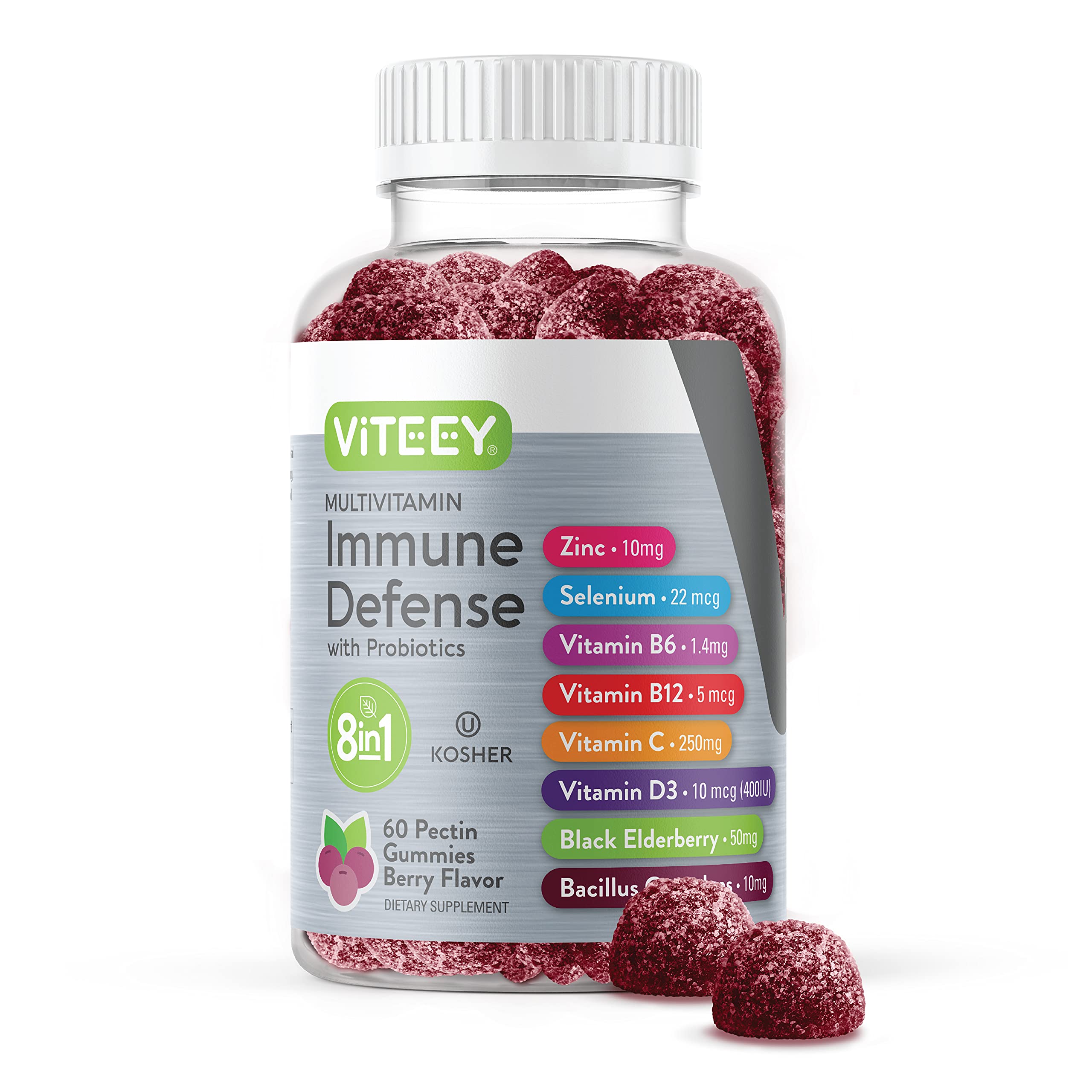 Viteey Multivitamin Gummies 8 in 1 Immune Support Supplement with Probiotics - Immune Boosters for Adults & Teens - Vegetarian, Gelatin Free, GMO Free - Chewable Berry Flavored Pectin Immune Defense
