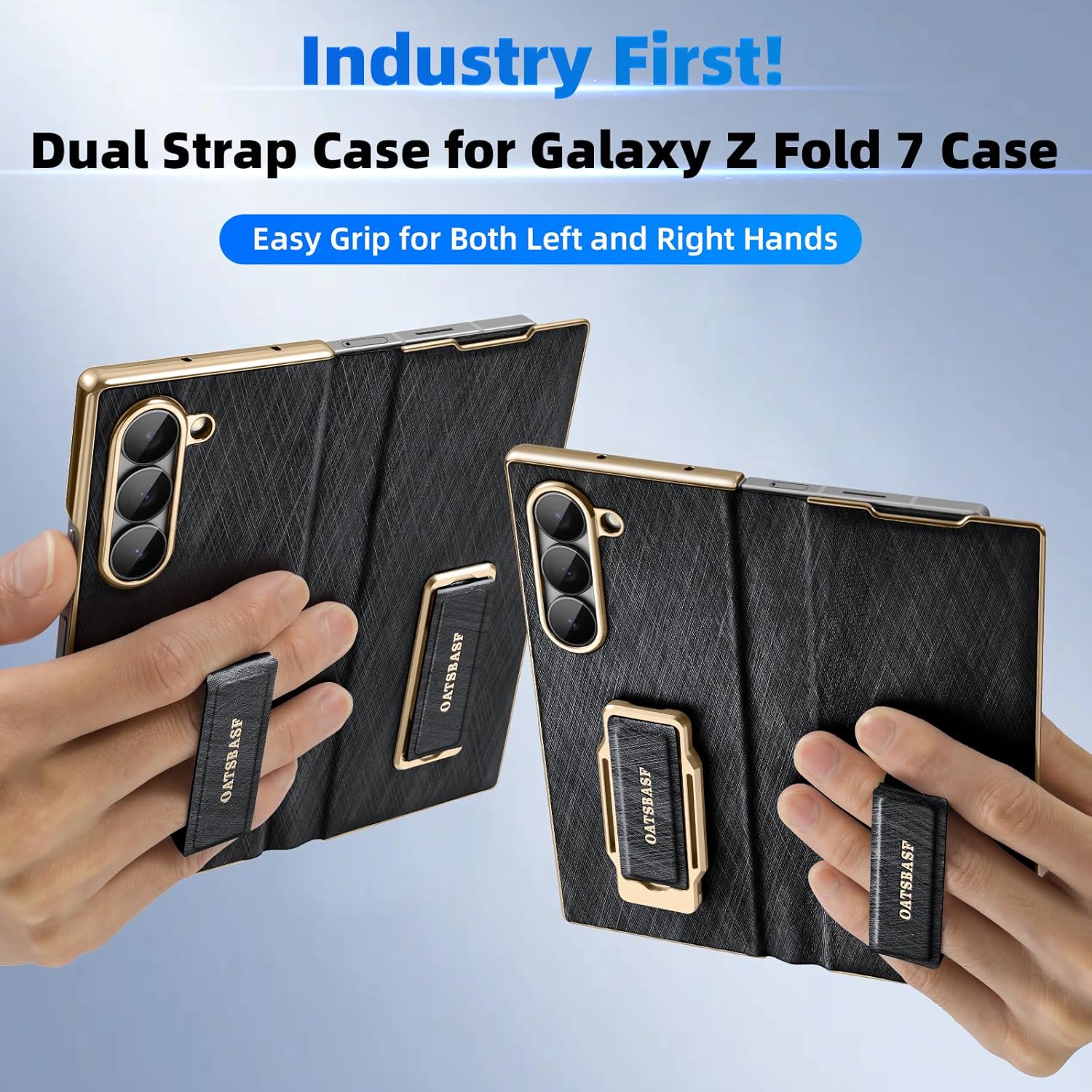 Dual Grip for Samsung Galaxy Z Fold 7 Leather Case with Finger Strap,360° Rotatable Kickstand,Full Body Screen Protector Flip Cases,Hinge Protection Anti-Scratch Shockproof Phone Cover,Black