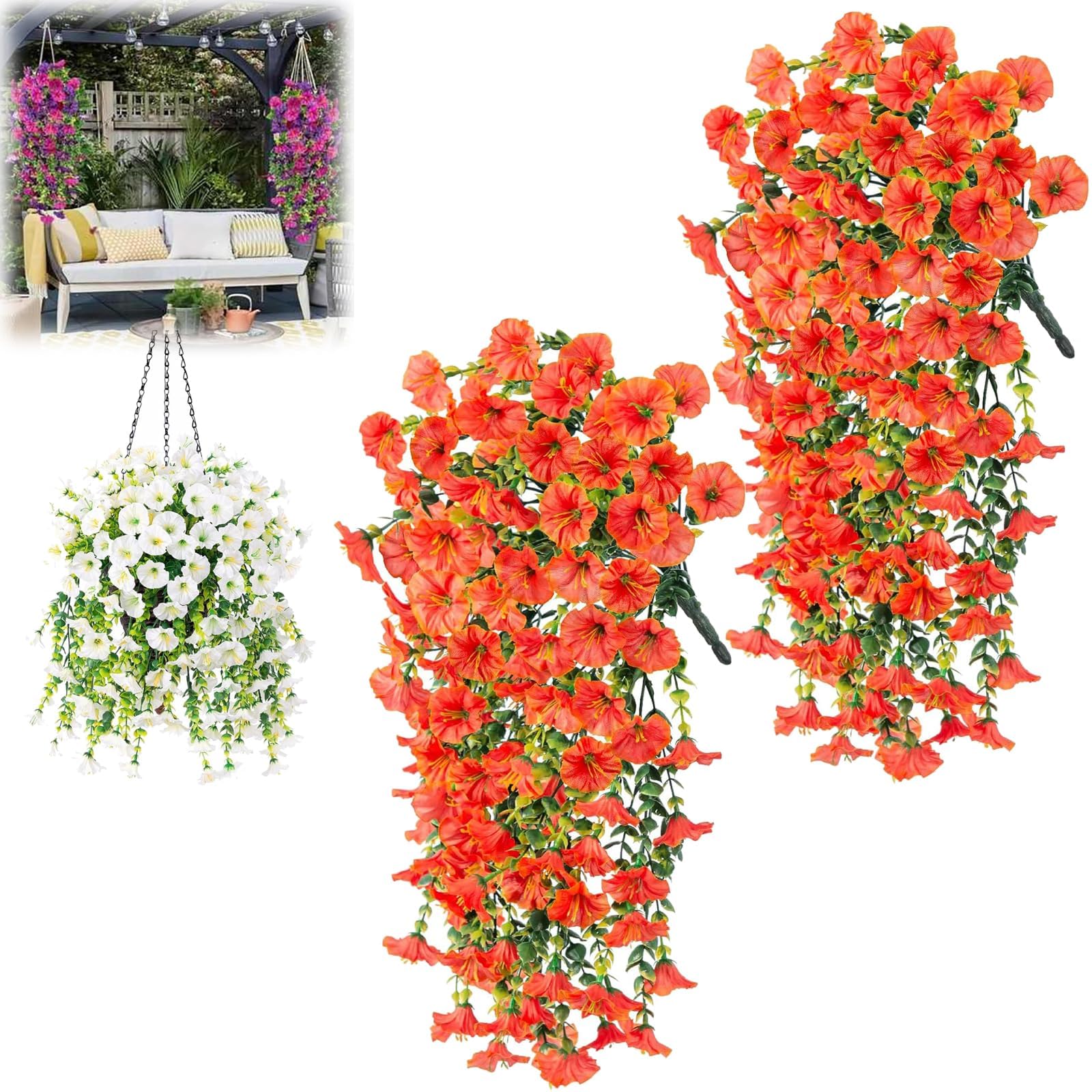 Ehoter Orange Precisetrue Hanging Flowers Artificial Hanging Baskets Fake Flower Morning Glory Artificial Hanging Flowers Outdoor Faux Plants Spring Decor Fake Silk Mums Violets (Orange)