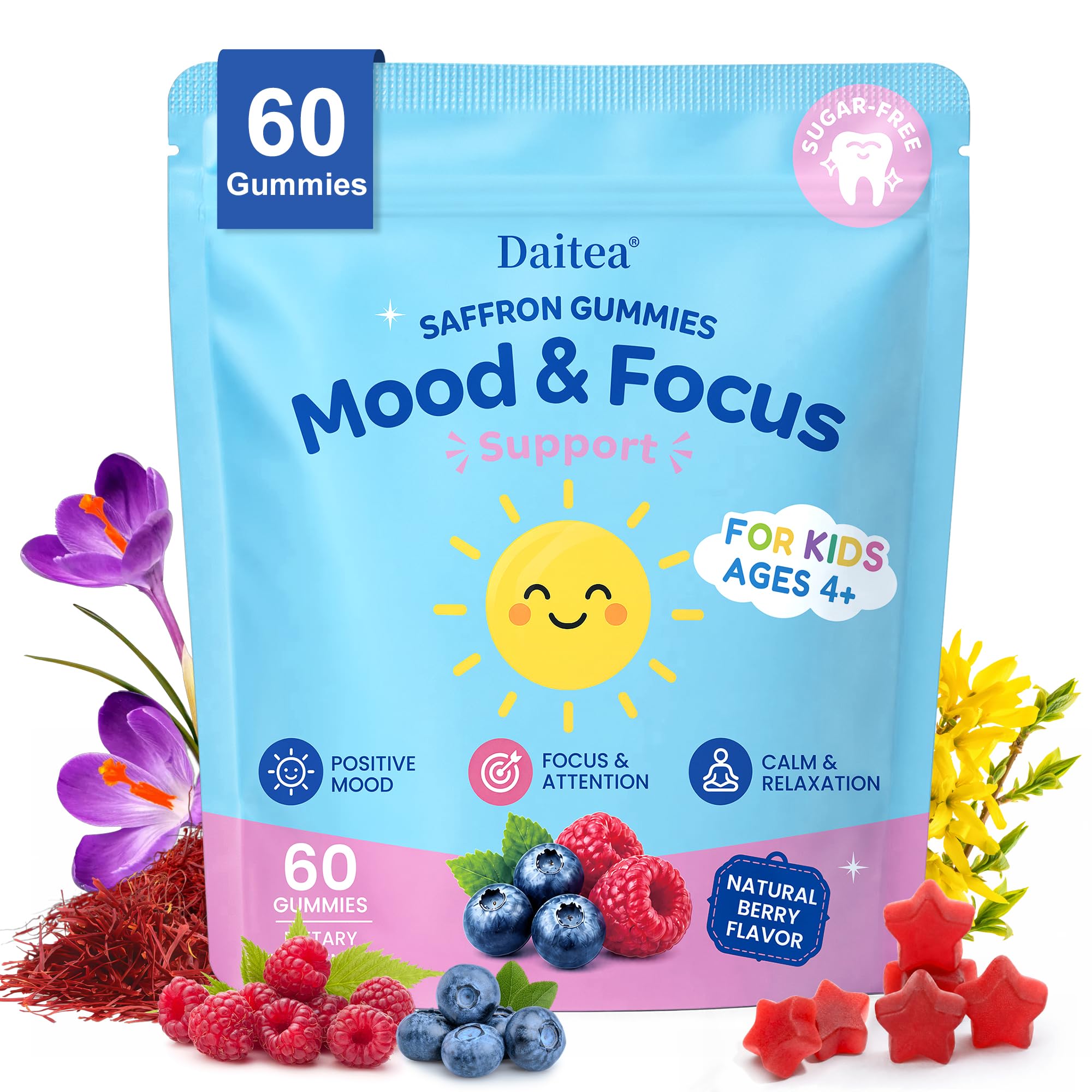 Saffron Gummies for Kids 4+, Sugar Free Kids Mood Gummies with Saffron Extract, Passion Flower, GABA & St Johns Wort, Support Mood, Calm & Focus Gummy, Saffron Supplements, Vegan, 60 Counts