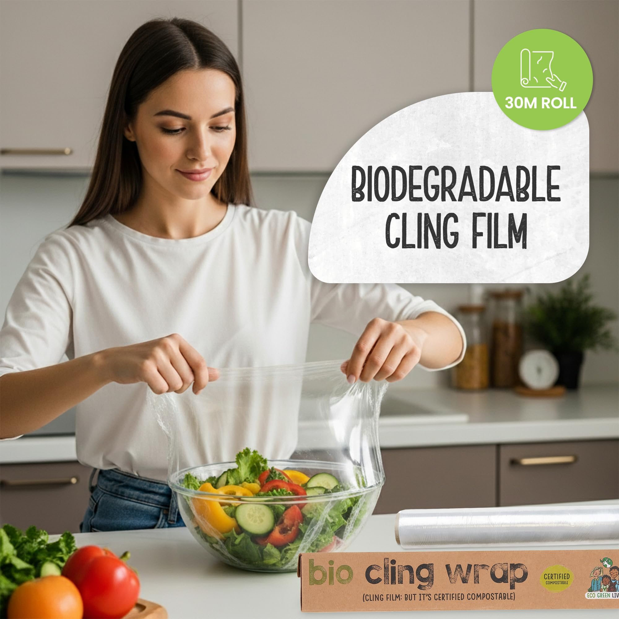 Pellicola trasparente biodegradabile Eco Green Living, 100% compostabile, senza BPA e plastica, vegana, adatta a dispenser in cartone riciclabile. Confezione da 3 rotoli da 30 cm x 30 m