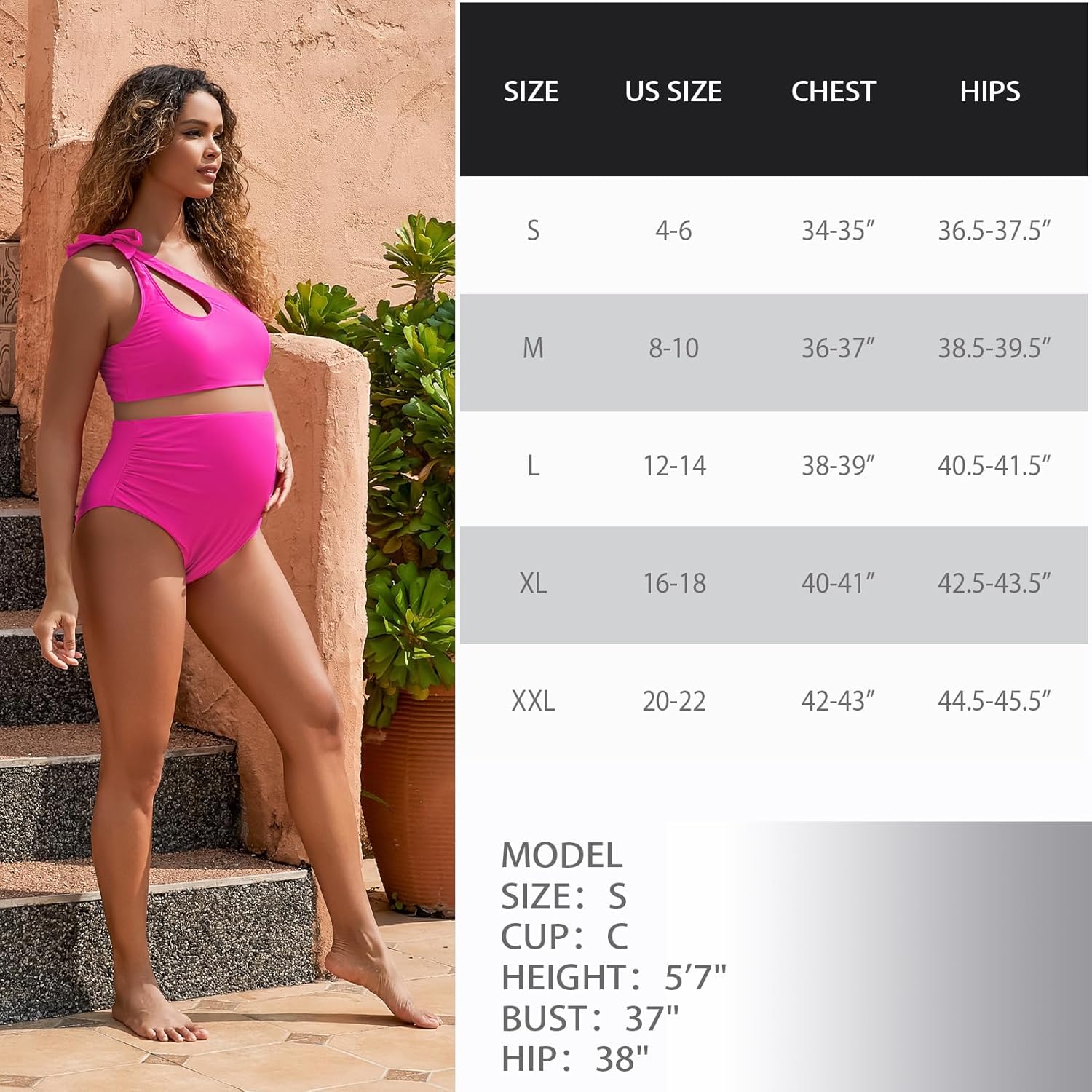 DEBELLY Maternity Swimsuit Cutout One Shoulder Bikini Set 2 Piece Bathing Suits with Adjustable Tie and High Waist Bottom