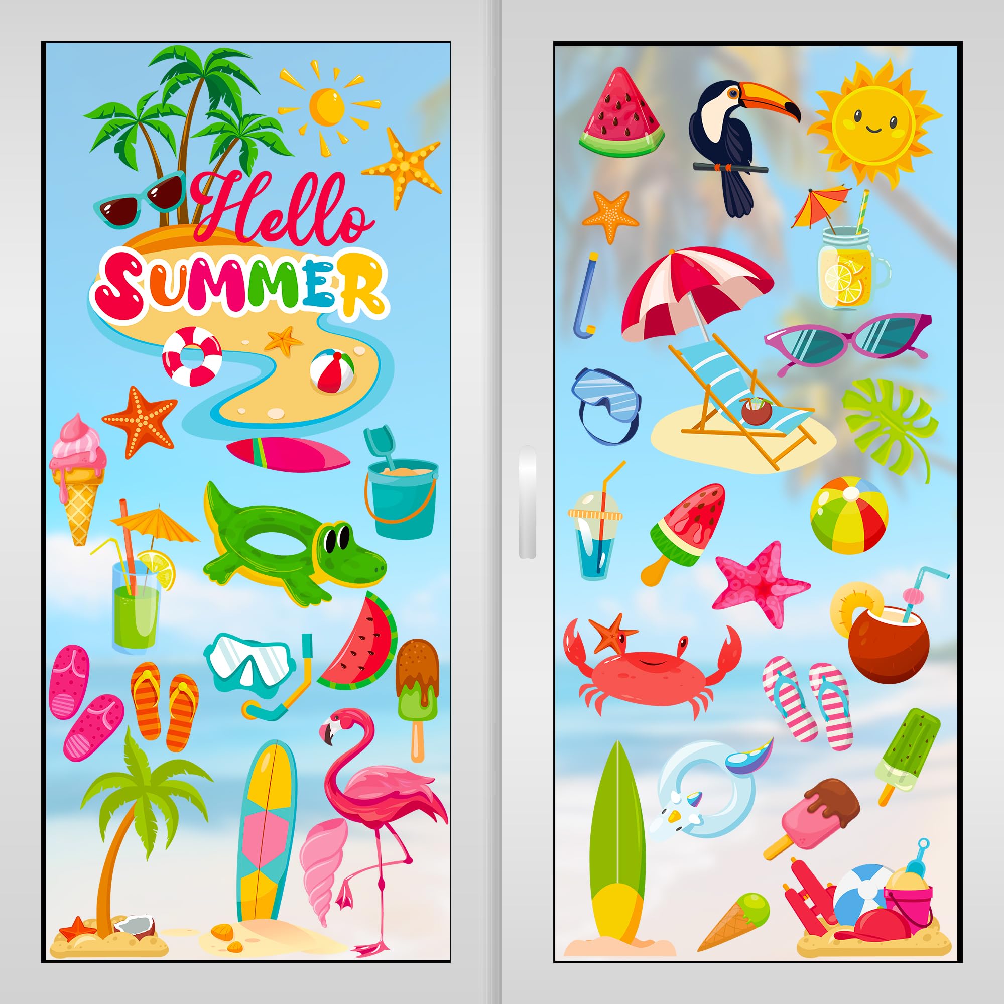 Traplace 9 Sheets Summer Window Clings, Double Sided Summer Window Clings for Glass Windows, Hello Beach Decals, Sun Watermelon Pattern Stickers for Home Office Accessories Decorations