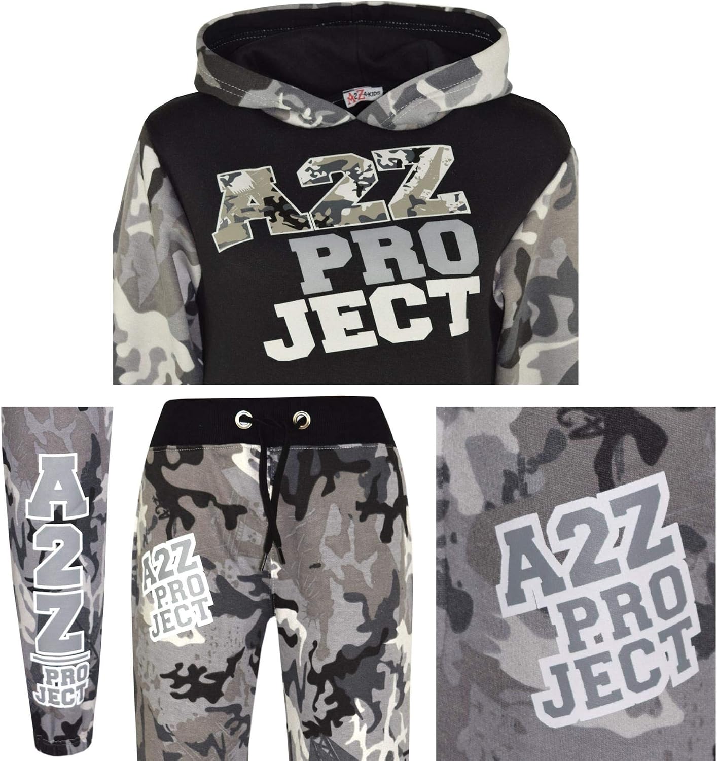 A2Z Kids Girls Boys Tracksuit Designer Project Camouflage Charcoal Top & Bottom