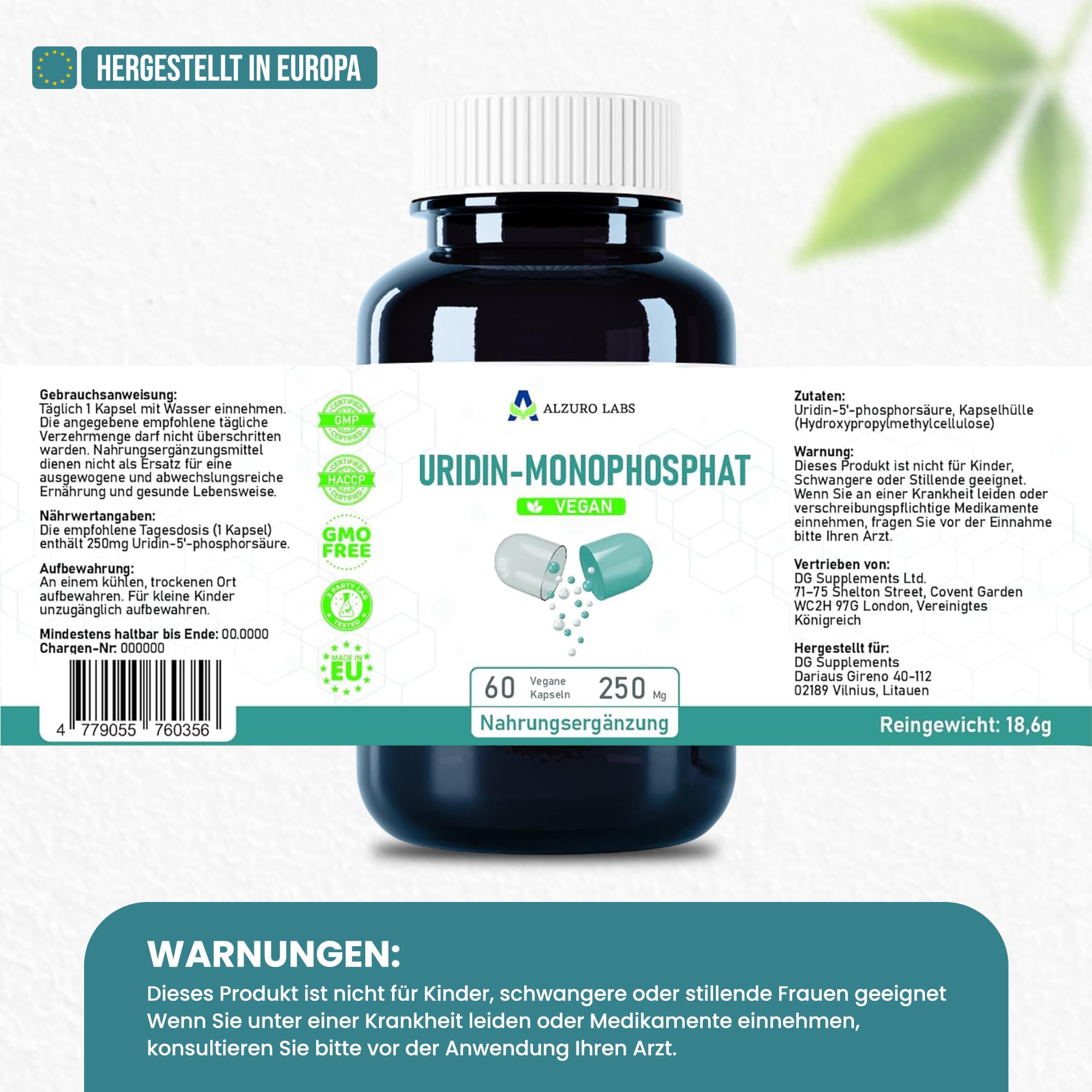 Uridinmonophosphat | 250 mg | Hochdosiert, ein Inhaltsstoff | 60 vegane Kapseln | 2-Monats-Vorrat | Uridine Monophosphate | GMP & Laborgeprüft