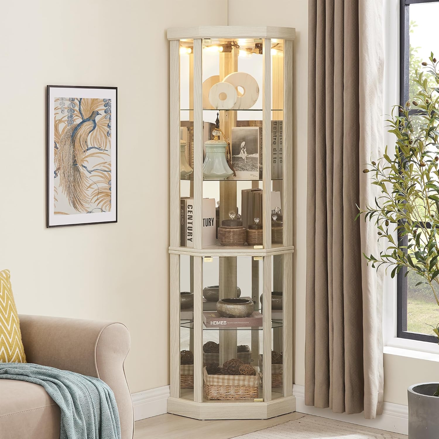 69" H Lighted Curio Cabinet Corner Display Case, Corner Glass Case with Adjustable Shelves and Tempered Glass, Wooden Curio Cabinet w/Mirrored Back Pane for Living Room