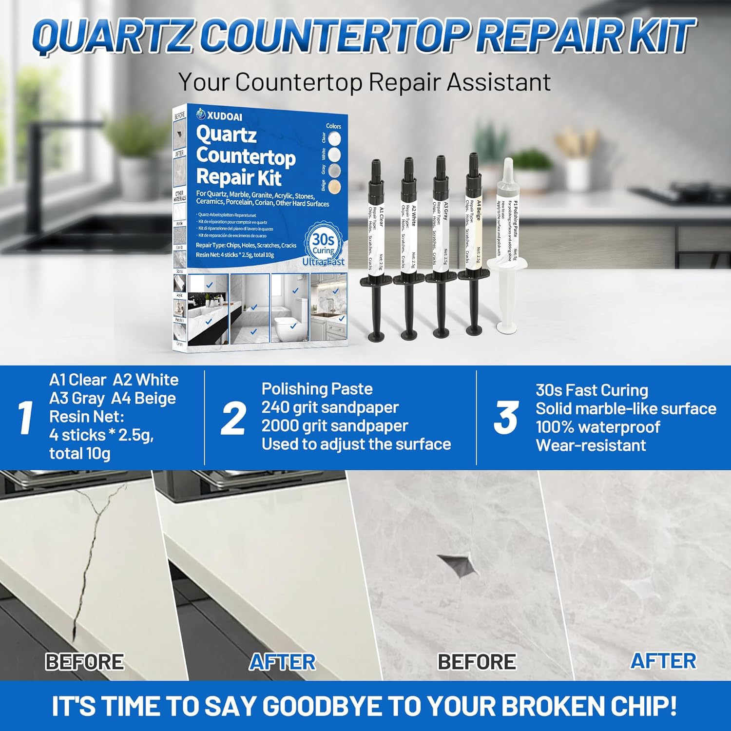 Quartz Countertop Repair Kit (Clear, White, Gray, Beige) 30s Fast Curing DIY Fix Luxury Stone, Granite Marble Acrylic Porcelain Fiberglass Quartz Countertop Chip Repair Kit for Cracks Holes Scratches - Image 6