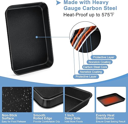 Miniatura 3 de TeamFar Juego de sartenes para horno tostador con estantes, 9.25 x 7 x 1 pulgadas, mini bandeja para hornear de acero al carbono con estante para