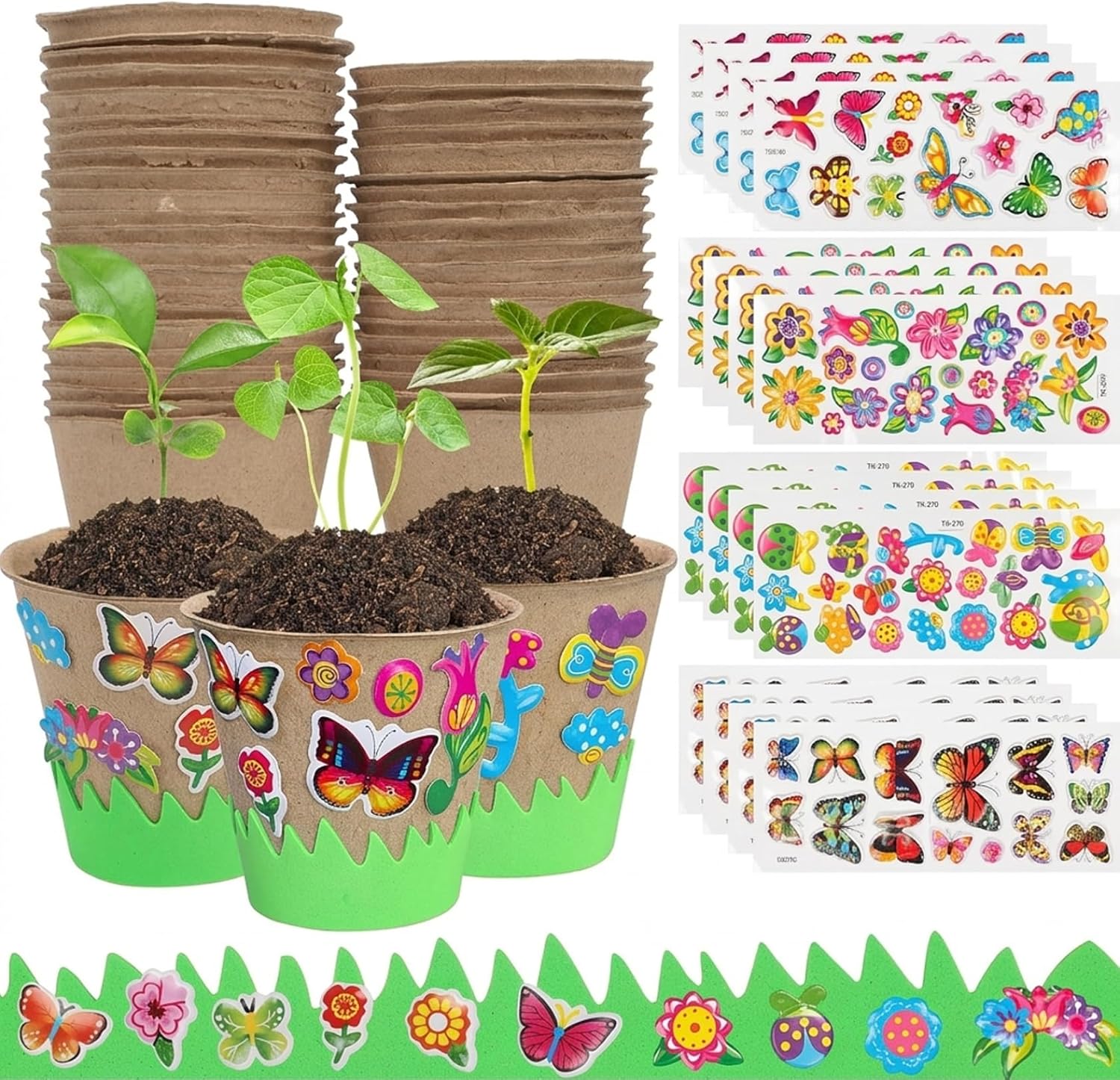 Kids Plant Growing Kit, Paint & Plant Flower Growing Kit with 30 Peat Pots, 20 Sticker & Fences, Kids Planting for Girls & Boys, Ages 5+