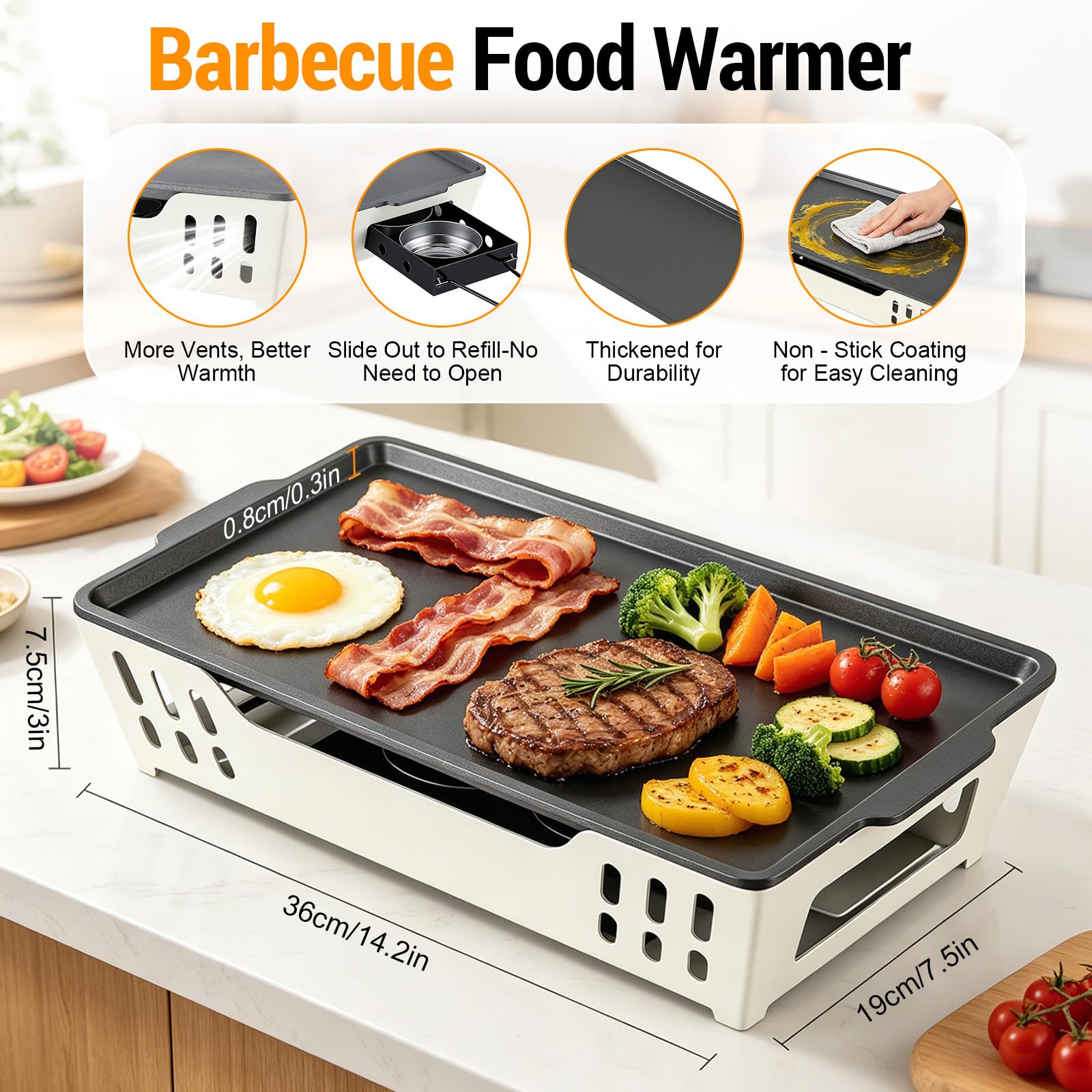 Warmhalteplatte für BBQ mit Edelstahlauflage, Speisenwärmer für Grillgut, Stövchen mit Teelichtfunktion, Warmhaltebehälter unplugged, Grillzubehör für Outdoor & Garten, mit 2 Alkoholbrenner (Weiß)