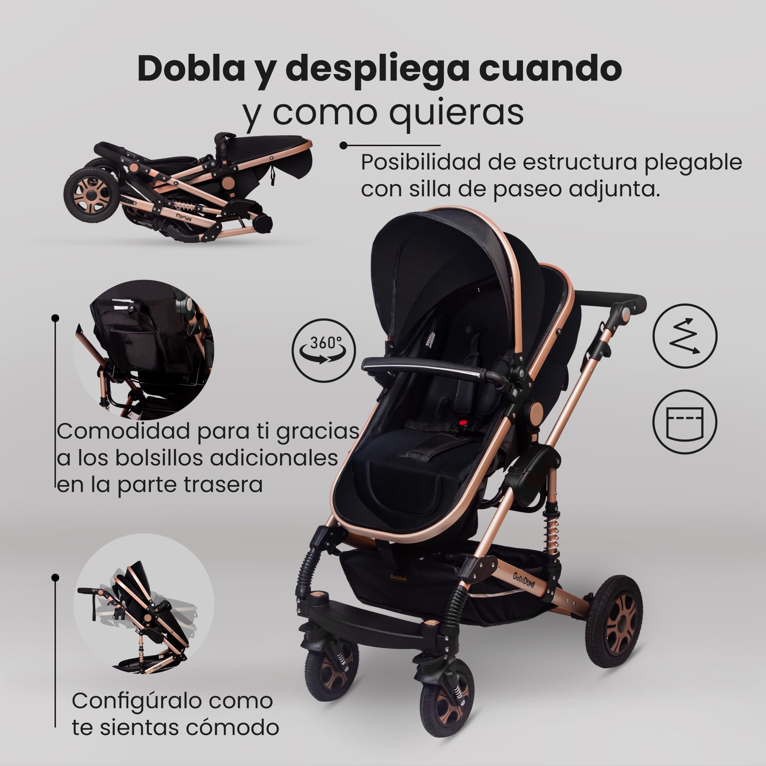 GaGaGaDumi Florida 3 en 1 cochecito completo con asiento de coche - Baby Stroller 3 en 1 TÜV - Cochecito combinado 3 en 1 juego completo de neumáticos completos, bolsa de pañales, Negro/negro