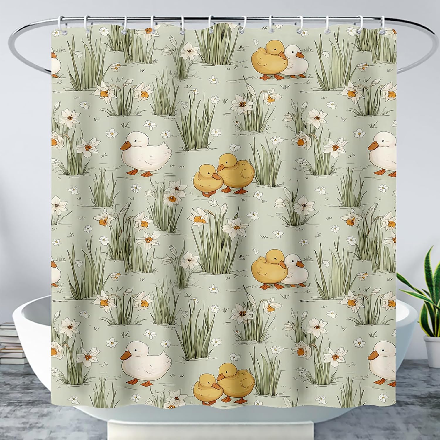 AILONEN Kawaii Duck Shower Curtain Set,Grass Green Bath Curtains for Kids Girls Boys Teens,Yellow and White Ducks Waterproof Shower Curtain with Hooks Bathroom Decor,72" Wx72 H