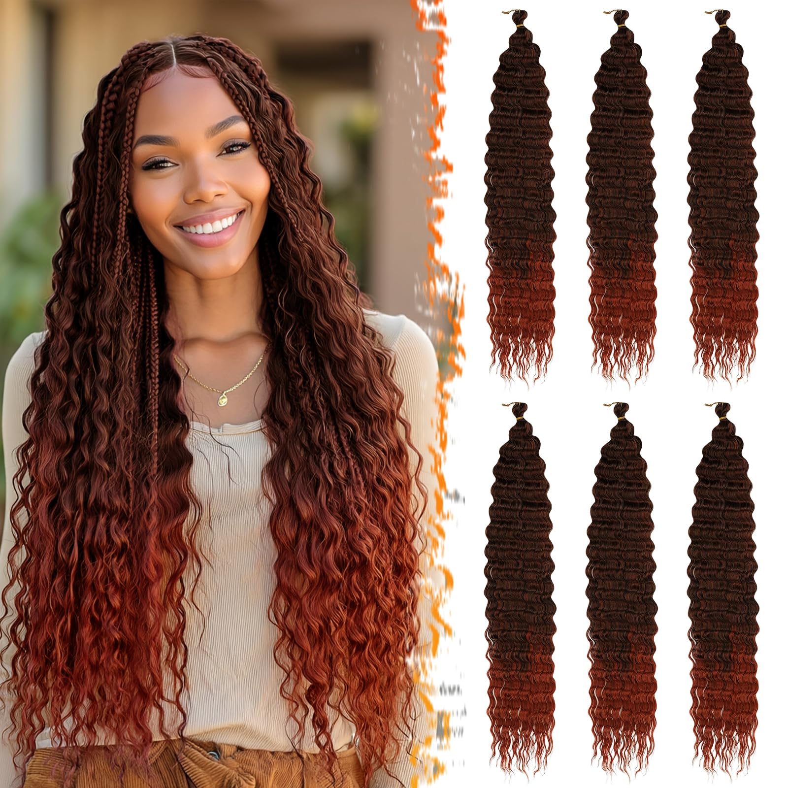 BARSDAR GoGo Curl Crochet Hair, 55cm 6 Packs Ocean Wave Crochet Braiding Hair für Damen Synthetik Boho Braids Water Wellig Lange Lockig Braiding Haarverlängerungen - Schwarz Ombre Kupfer Rot