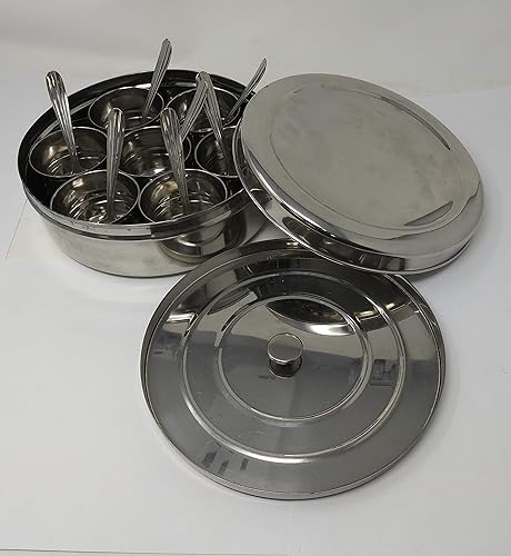 Tabakh - Caja de acero sin satín para especias Sada Masala Dabba, 7 contenedores y 7 cucharas, 8 pulgadas