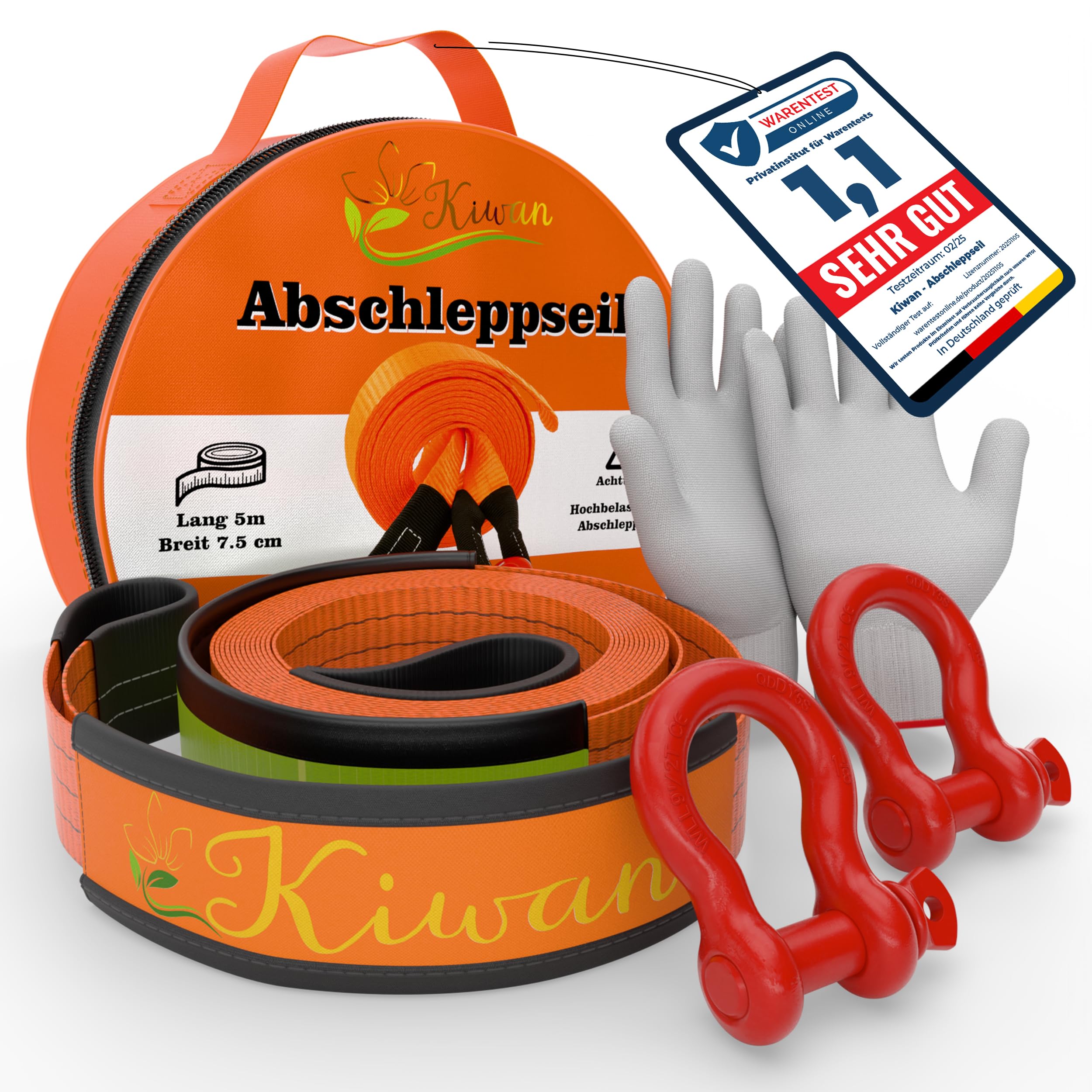 Kiwan Pro Fune di traino WLL 10 t, massima sicurezza invece di carichi di rottura, carico di rottura 38 t, portata testata, grilletto XXL, 5 m x 7,5 cm, cinghia di recupero fuoristrada per auto, SUV