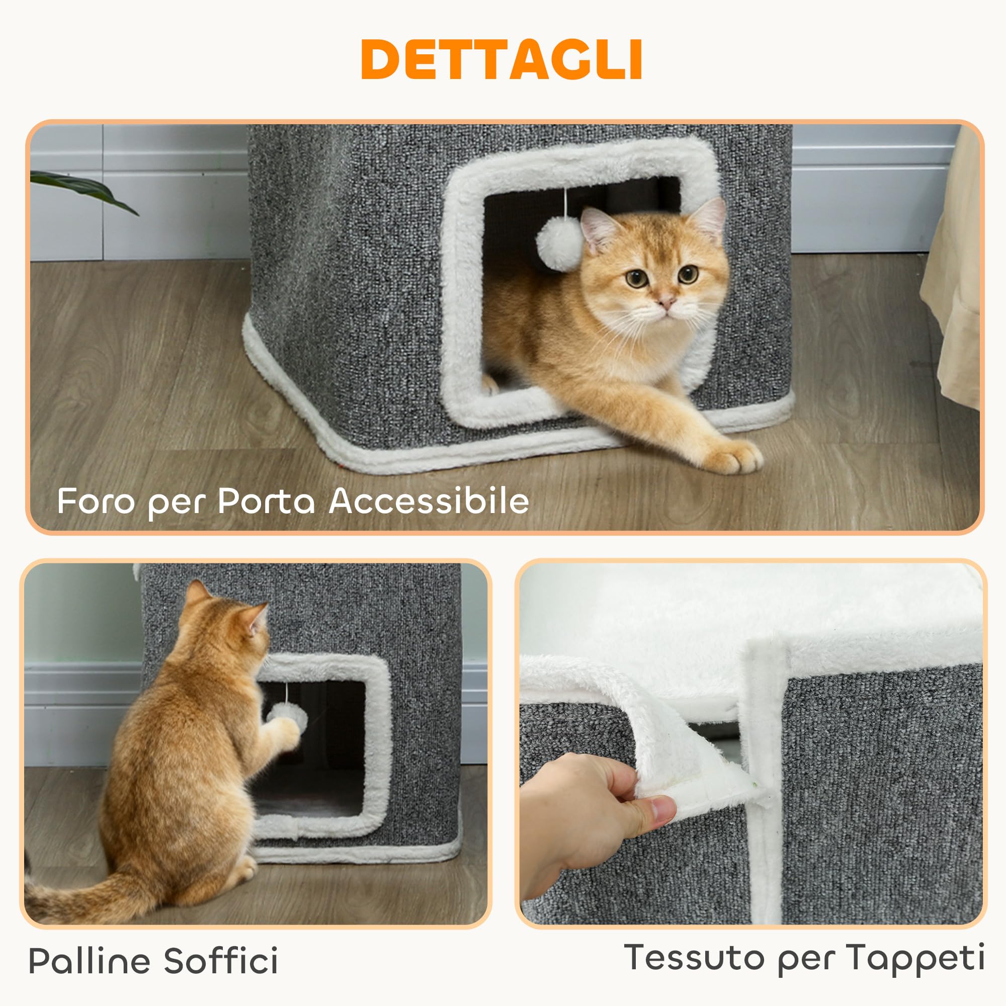 PawHut Torre per Gatti 4 Livelli 3 Casette 41x41x100 cm Grigio e Bianco | 3 Palline Giocattolo, Posatoio, Albero per Gatti, Tiragraffi, Truciolato Tessuto e Peluche