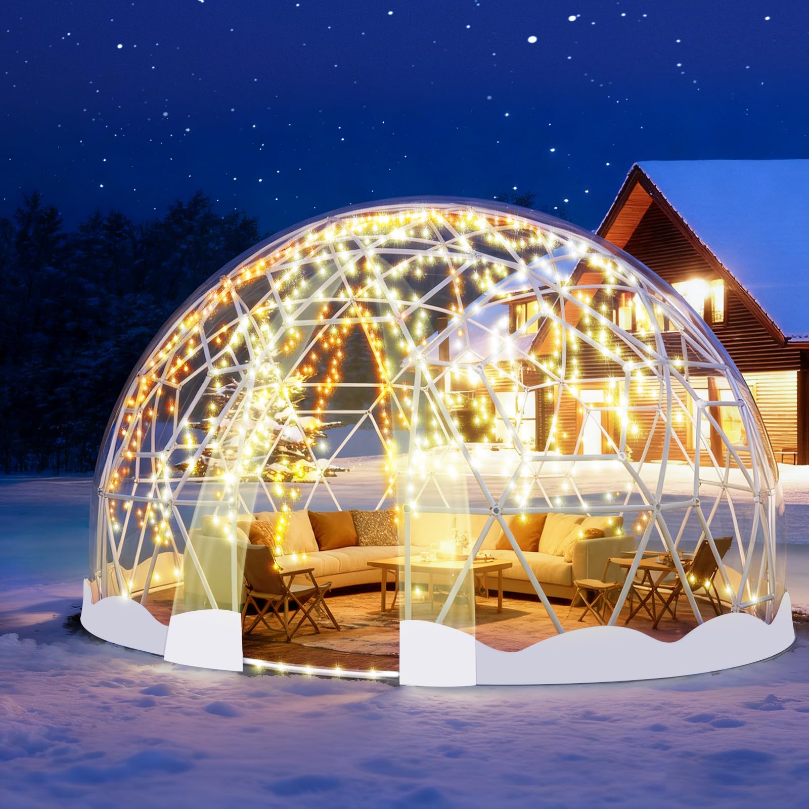 12FT Garden Dome Tent, Geodesic Dome Greenhouse with PVC Clear Cover, Waterproof Garden Bubble Dome Tent House with 2 x 10M Light Strings for Outdoor,