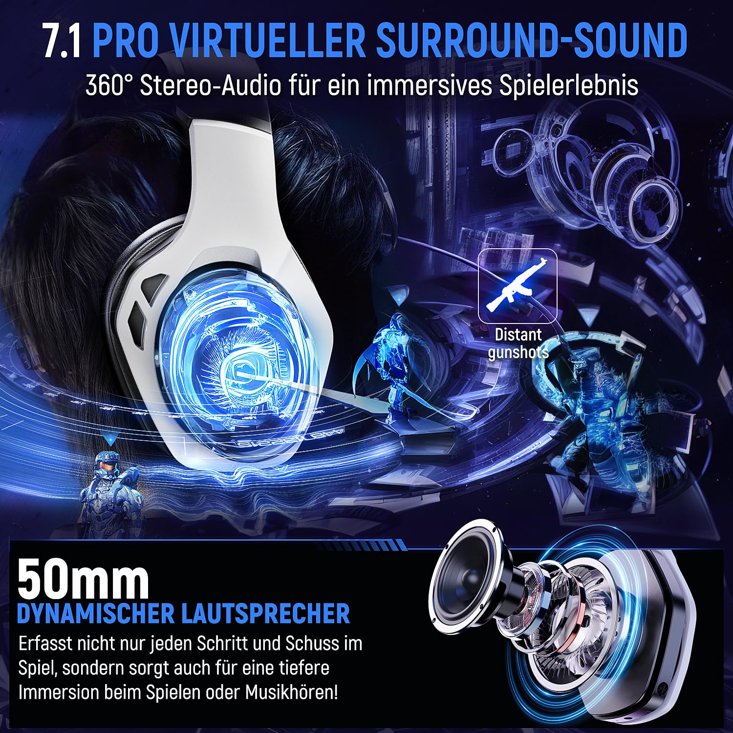Tatybo Bezprzewodowy zestaw słuchawkowy gamingowy do Ps5/Ps4/PC/Switch, 2,4 GHz i Bluetooth, opóźnienie poniżej 25 ms, czas pracy 35 godzin, oddychające nauszniki, RGB, bezprzewodowy zestaw