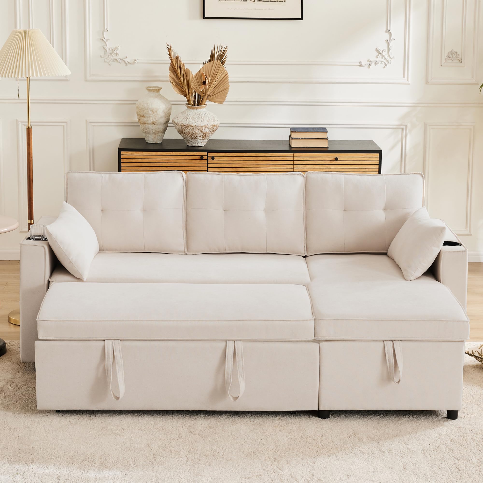 Divano Letto angolare in Cotone e Lino, Soggiorno, Beige, 211x129.5x86 cm