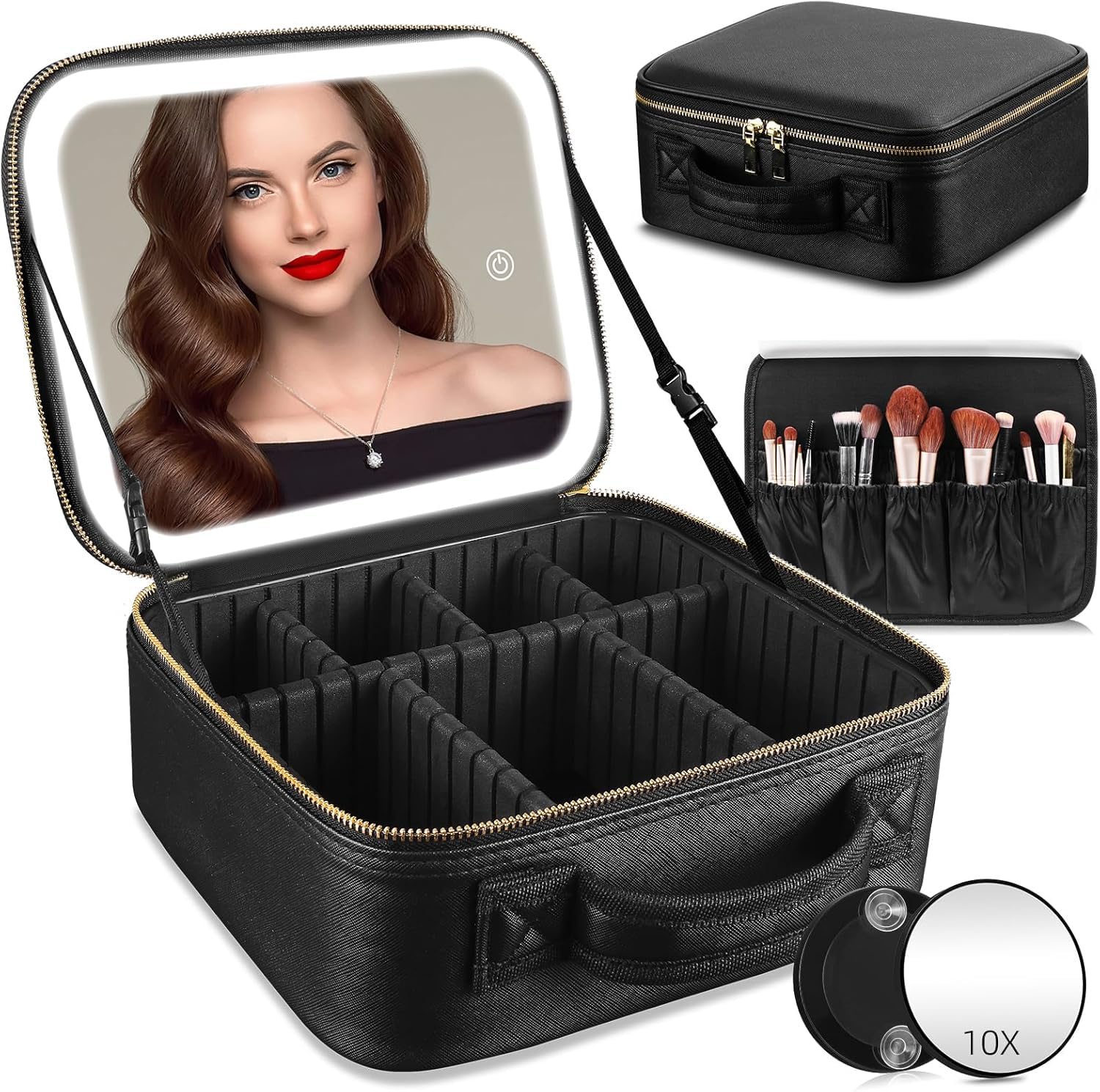 INOVERA Makeup Organizer Bag for Women, Girls & Bride - Cosmetic Brushes Storage Kit with Removable 3 LED Lighting Mirror and Adjustable Compartments - Travel Toiletry Vanity Box Bags (Black)