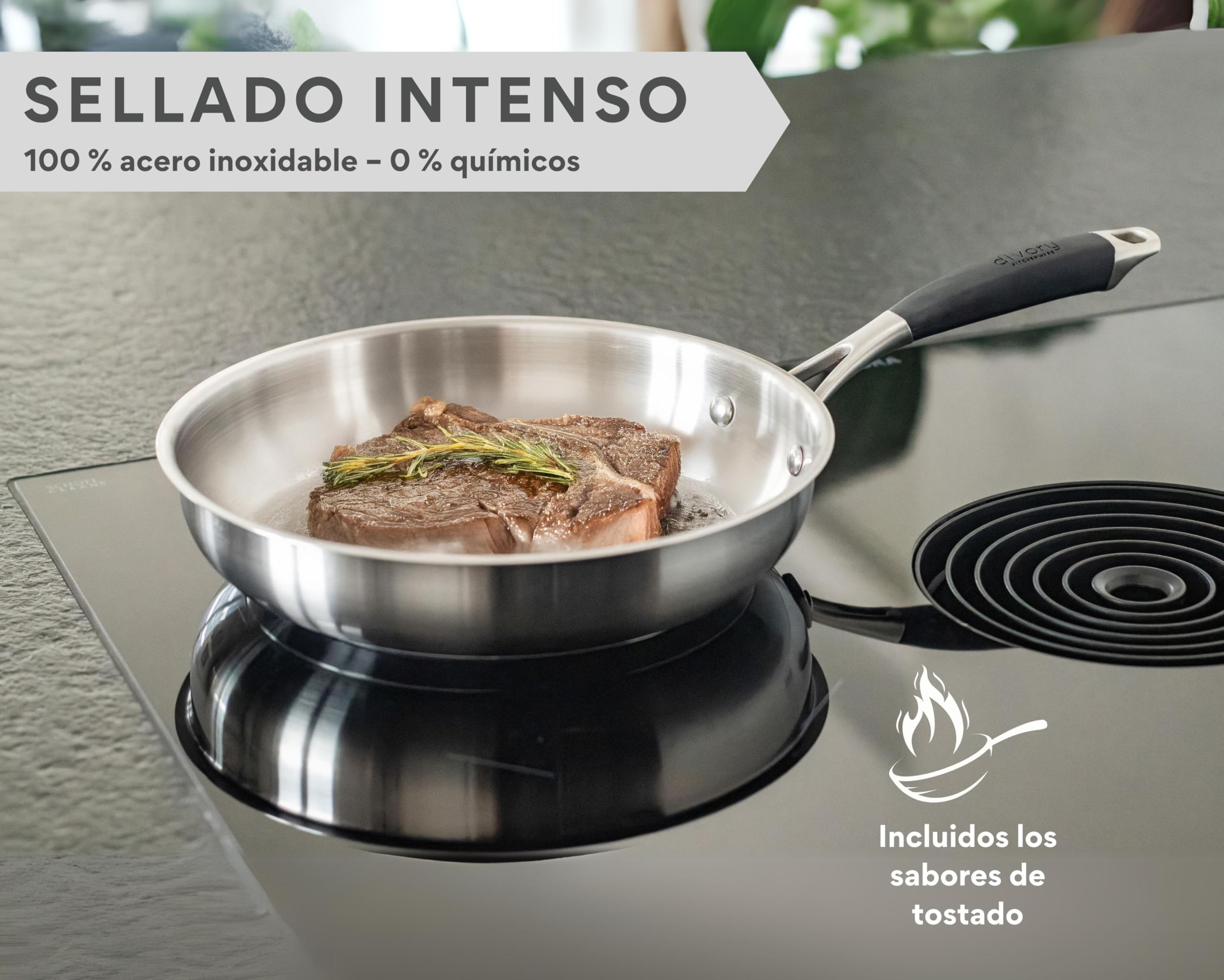 DIVORY Sartén acero inoxidable 28 cm – Sin recubrimiento, sin PTFE ni PFOA, para inducción, sartén grande sin revestimiento (PURA, 28 cm)