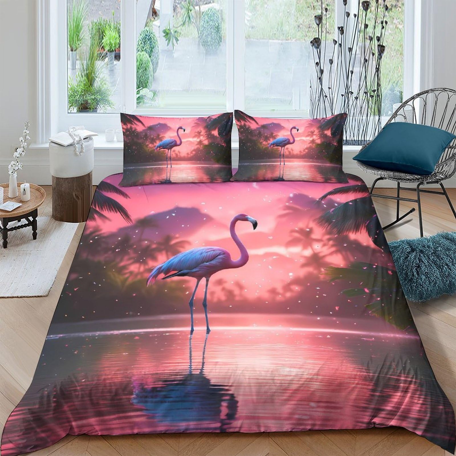 Ctjqhvkz Style-10 3D Printed Pink Sunset Flamingo Fitted Sheet Microfiber Soft Bedroom Decor Tropical Lake Mattress Cover Single（135X200cm）
