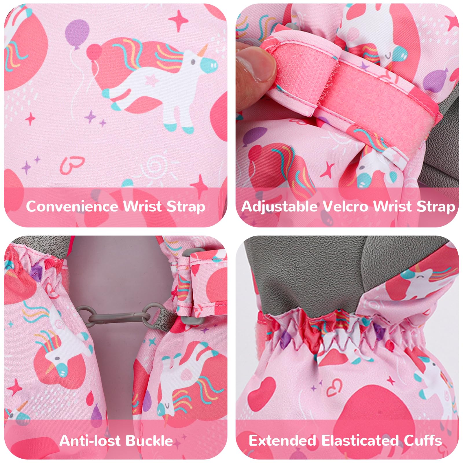 Gants de Ski Enfant d'hiver Moufle Mitaine Imperméables Chaud Hiver Velo Gants de Ski Snowboard Sport Gloves pour Fille Garçon 3-14 Ans（Rose Licorne