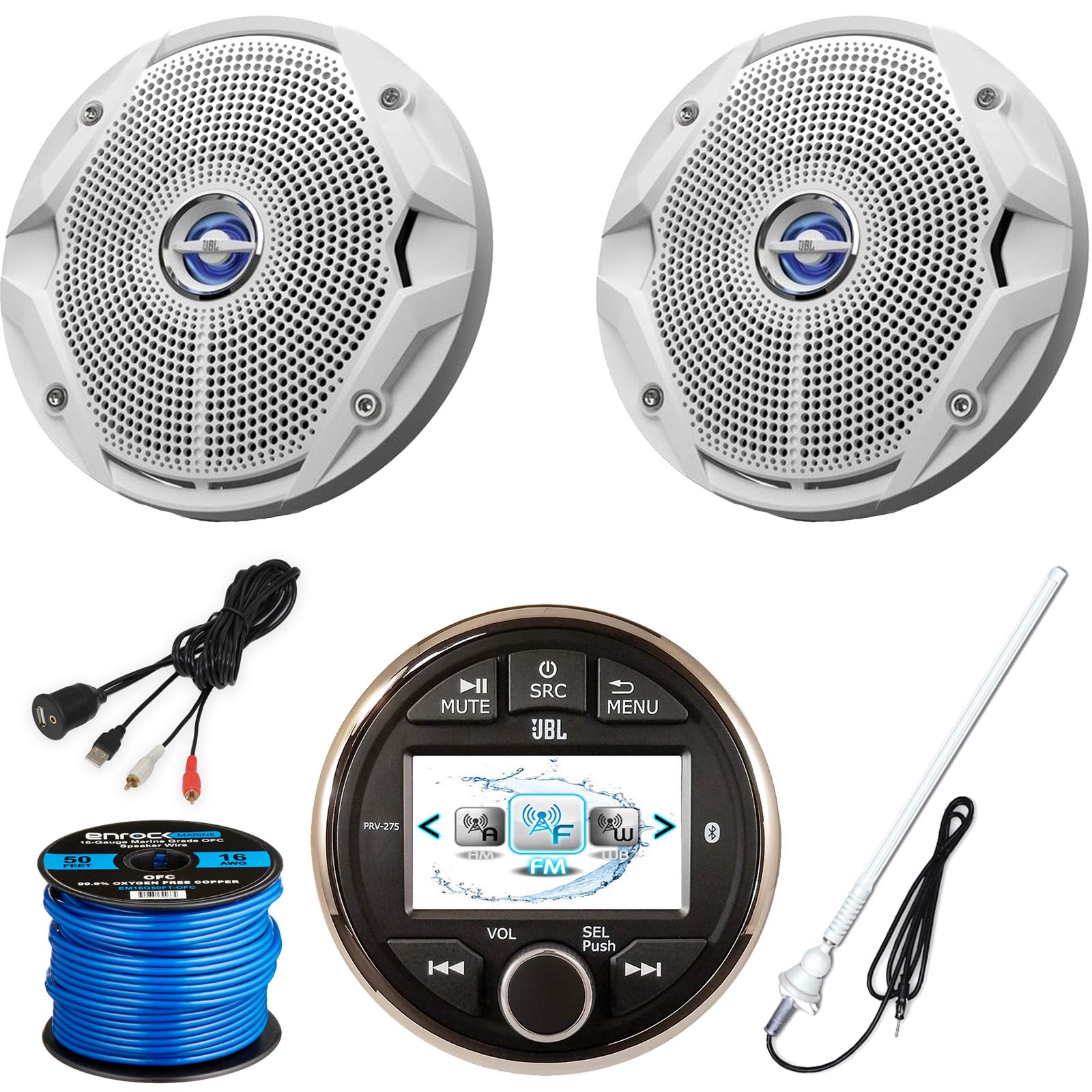 JBL Marine Gauge-Style Digital Media Bluetooth Receiver, 2 x JBL 6.5" 180W Dual Cone Stereo Speakers (White, Bulk Packaging), Antenna, Speaker Wire, AUX Interface Mount