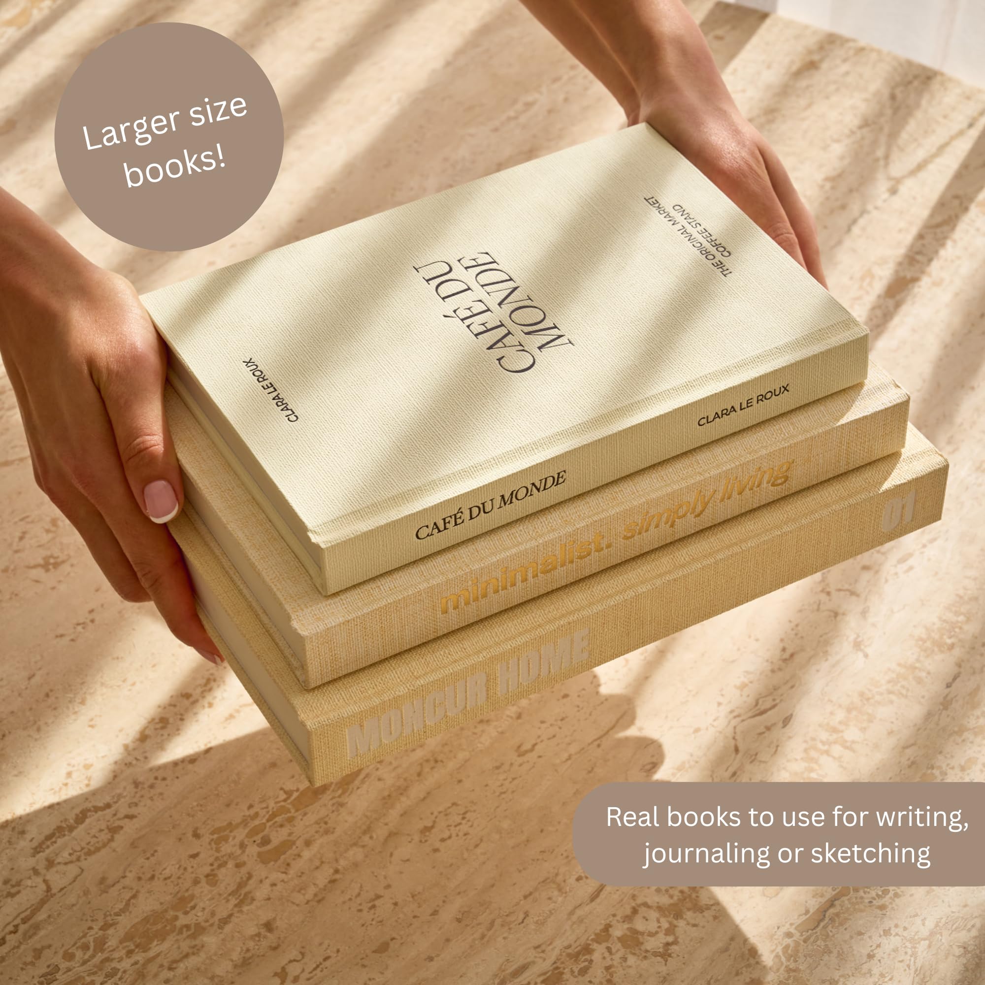 Fake Books for Decoration Set of 3 Coffee Table Books Neutral Beige Home Decor Black & White Coffee Table Removable Covers with Real Blank Pages Modern Aesthetic (Large)