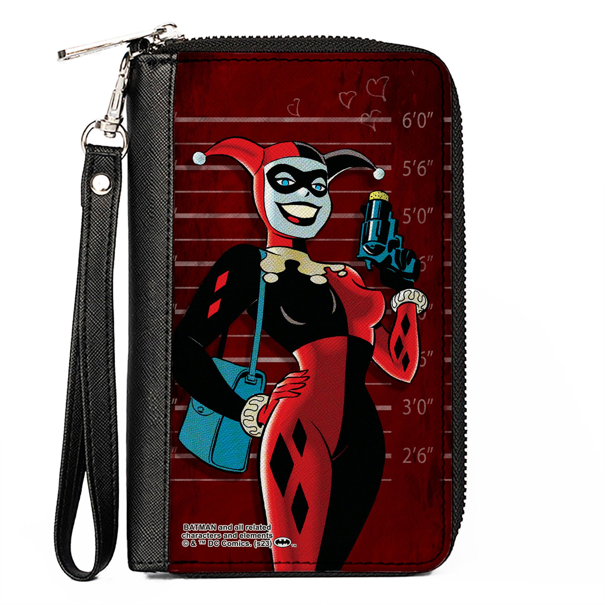 Buckle-Down DC Comics Wallet, Zip Around, Harley Quinn Mad Love Knock Pose/Lineup Reds, Vegan Leather