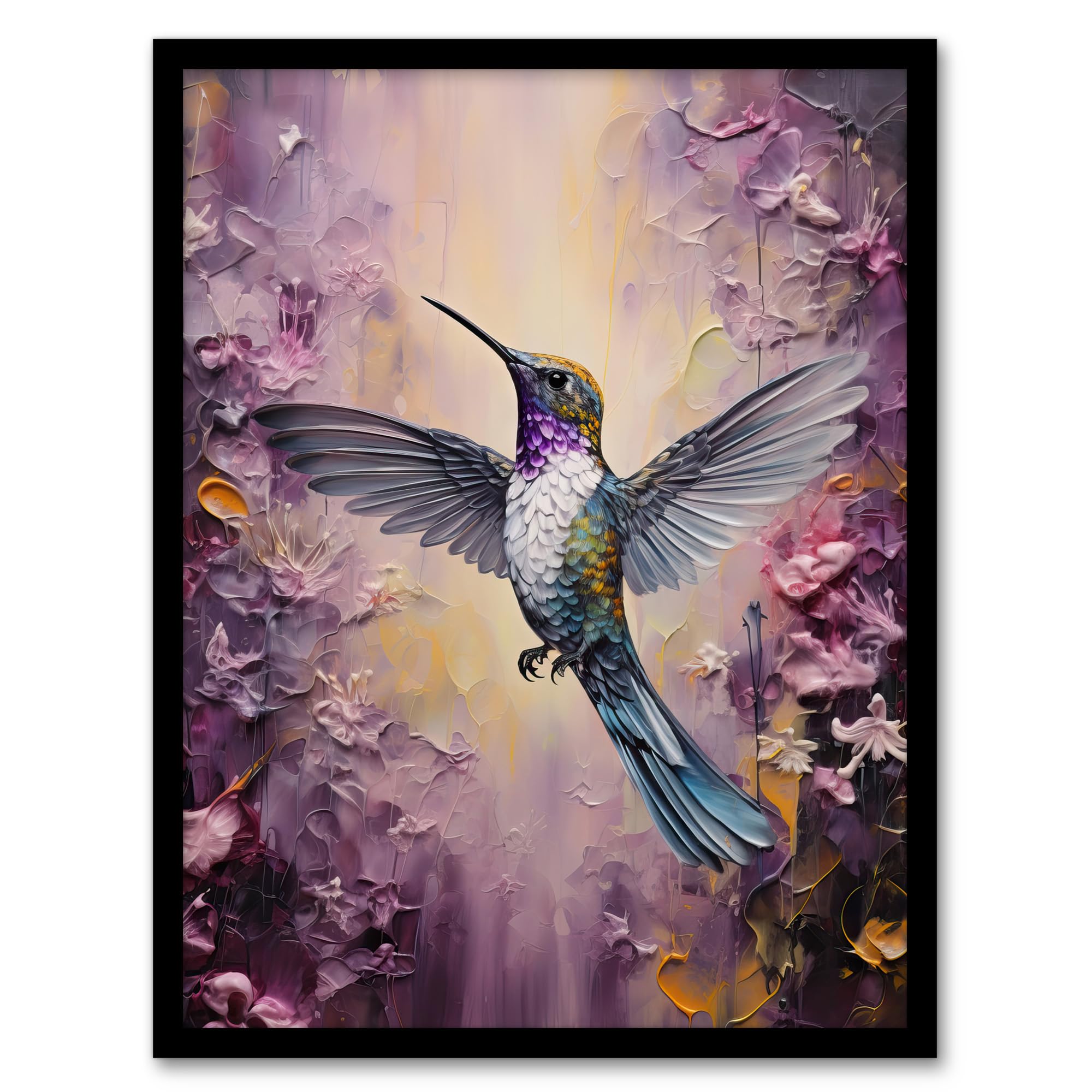 Artery8 Hummingbird In An Abstract Lavender Flower Field Bright Oil Painting Artwork Framed Wall Art Print A4