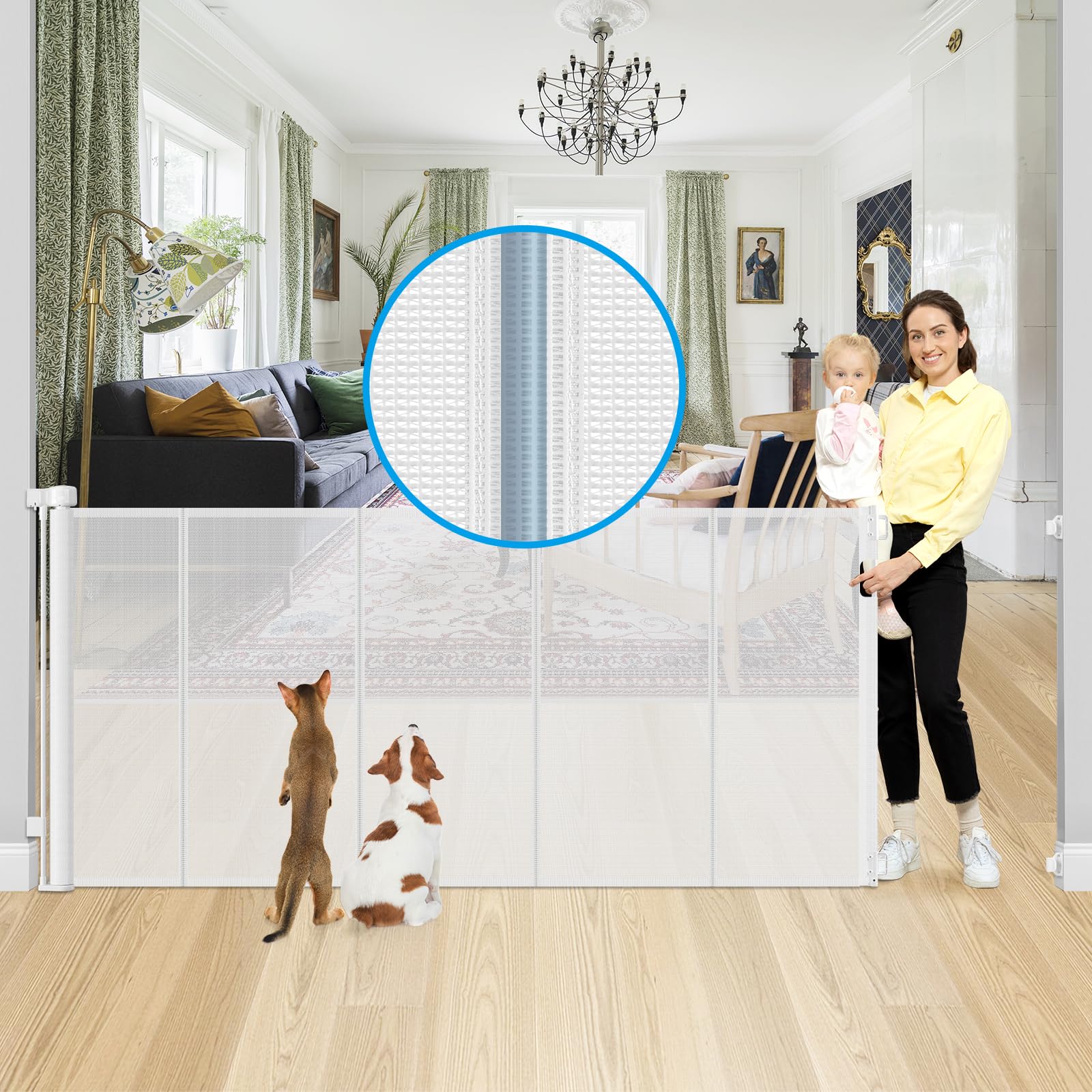 Reinforced 42" Extra Tall X 120" Extra Wide Retractable Baby Gate Extra Long Baby Gate for Large Openings Prevent Babies and Pets from Jumping Over Retractable Pet Gate Extra Tall Baby Gates for Dogs