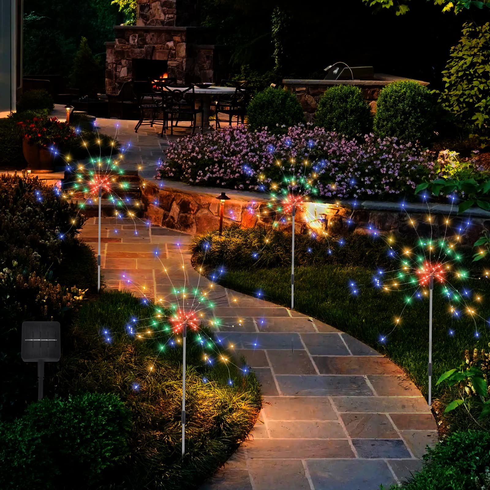8 Modes Solar Garden Lights with 1200mAH Solar Panels, 480 LED Fairy Lights - Waterproof - Firework Light - String Lights for Yard Decorations, Pathway, Garden, Patio - 4 Pack Multi-Colored