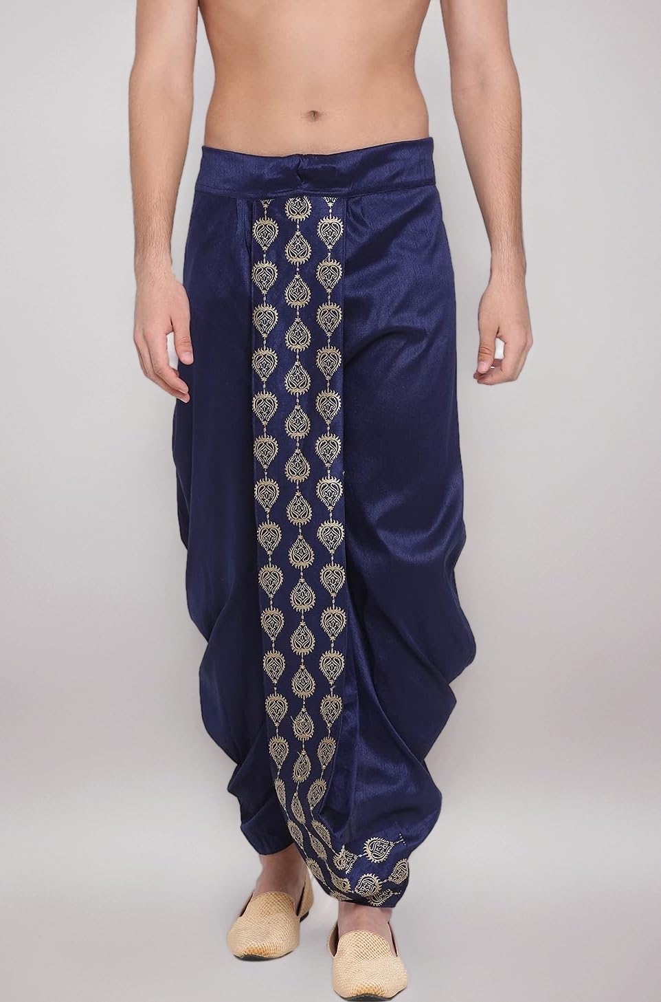 Vastramay Men's Cream Silk Blend Embroidered Dhoti Ready-to-Wear Traditional Dhoti with Golden Embroidery for Weddings, Festivals, and Casual Wear