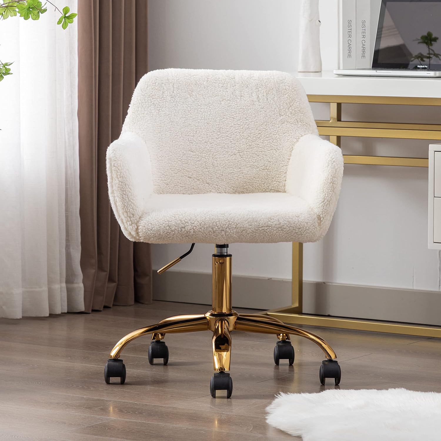 Goujxcy Fluffy Desk Chair, White Faux Fur Vanity Chair