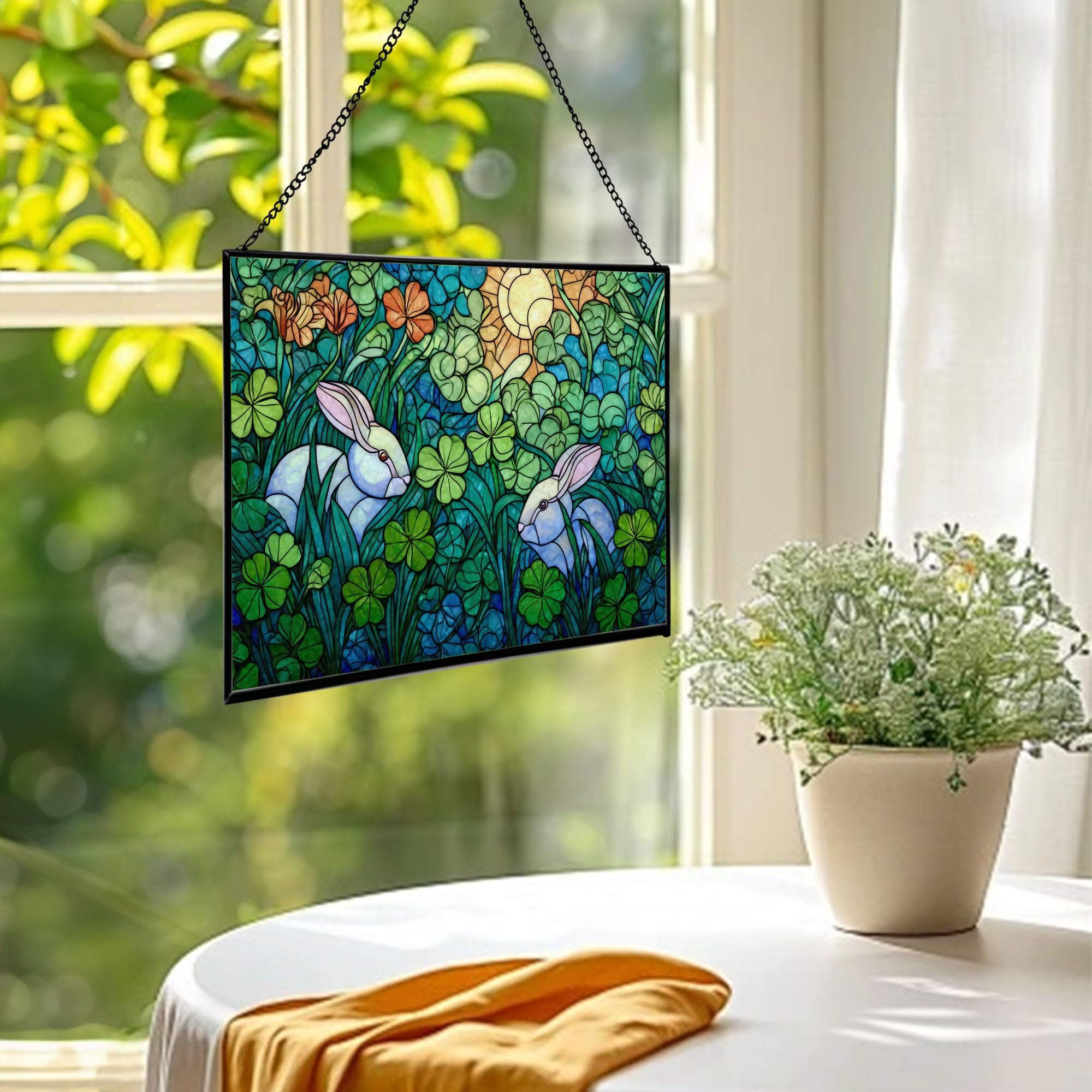 Rabbits Hiding Beneath Clover Field Rectangular Stained Glass Suncatcher – Hanging Window Panel with Animal & Nature Scene – Vibrant Glass Art Gift for Wildlife, Fantasy, Nature Lovers 11htaV