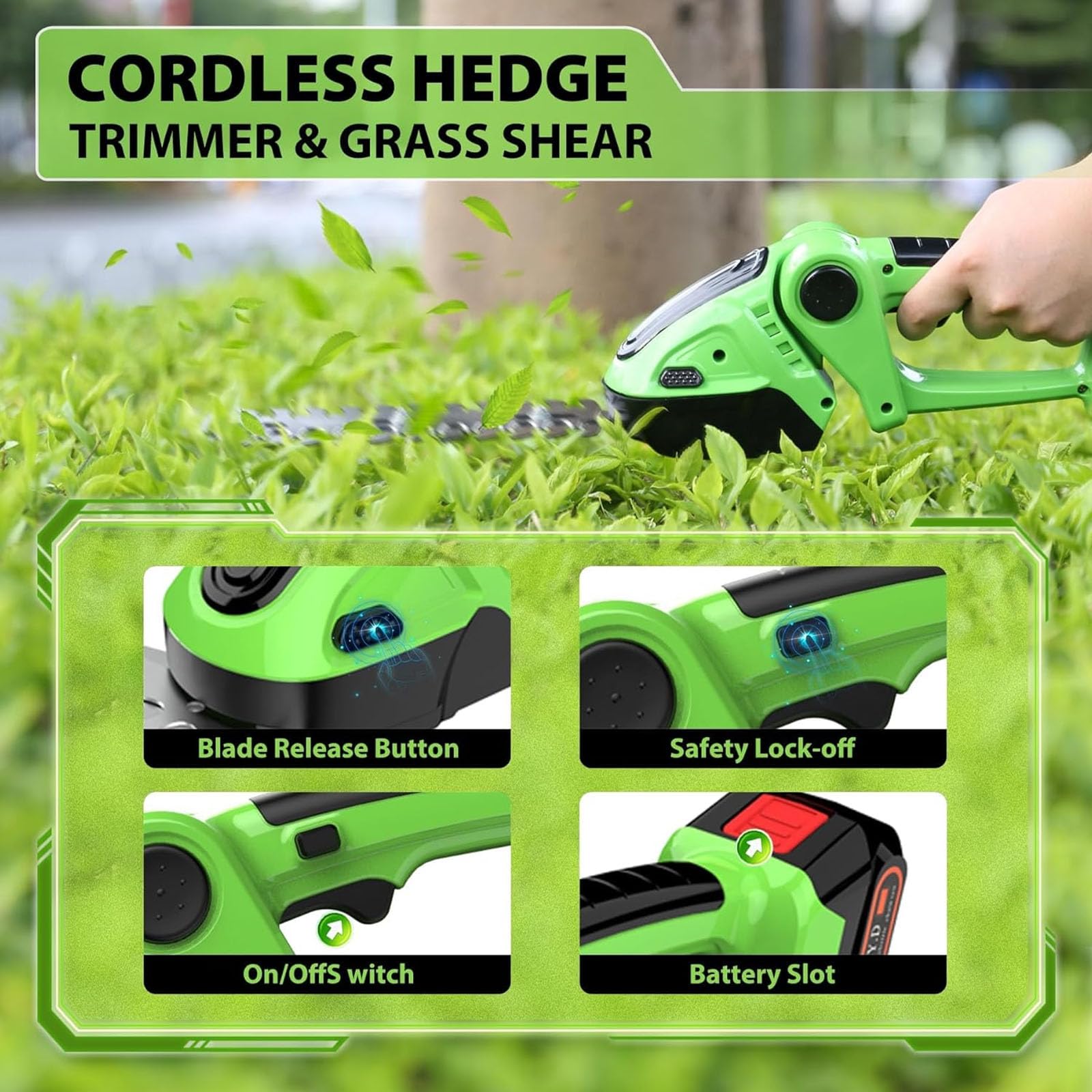 Tagliasiepi e cesoia per erba a batteria da 21 V per attrezzi da giardino, con batteria da 1500 mAh per la manutenzione del giardino, la rifinitura del prato e la potatura.